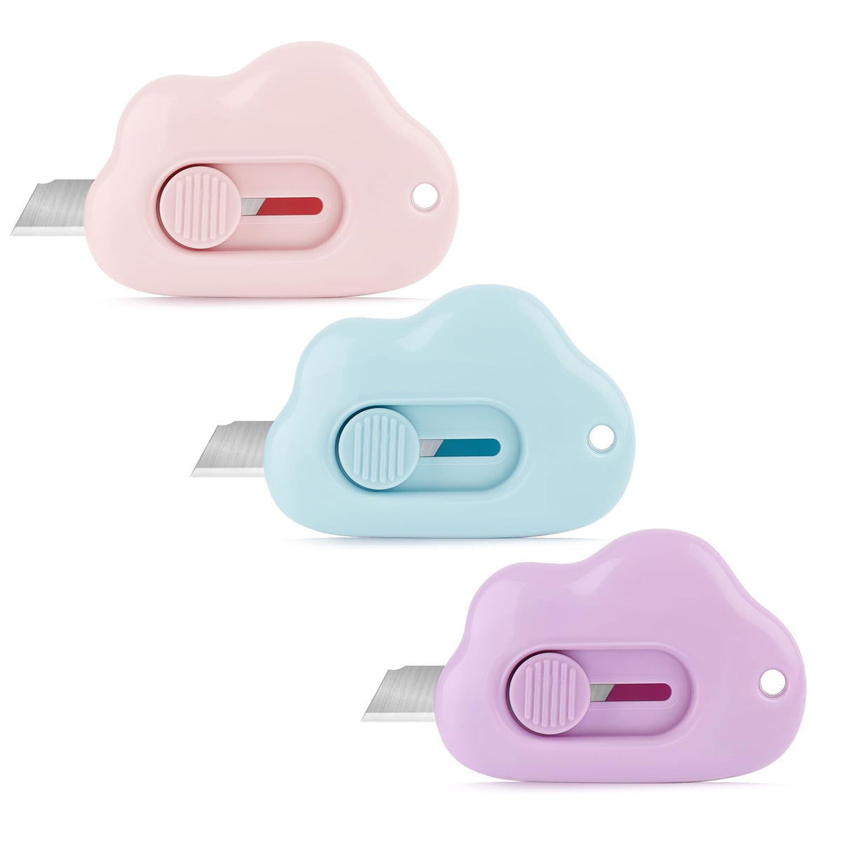 Cuttermesser – 3er-Pack einziehbarer Brieföffner, entzückender Wolken-Mini-Papierschneider für Schlüsselanhänger, Tasche, Paket, Umschlag, Post, Briefkasten, Papier, DIY-Projekte für Mädchen und Jungen