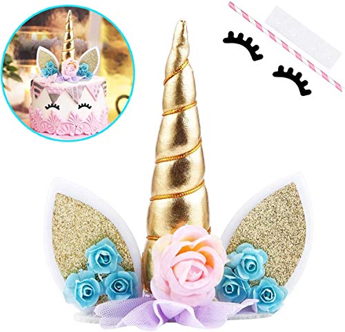 Zkptops Unicorn Cake Topper Birthday Party Supplies Unicorn Birthday Decorations Gold Horn Cake Topper Accessory with Eyelashes Cute Handmade Reusable Cake Toppers for Girls Kids Women 5.8 Inch