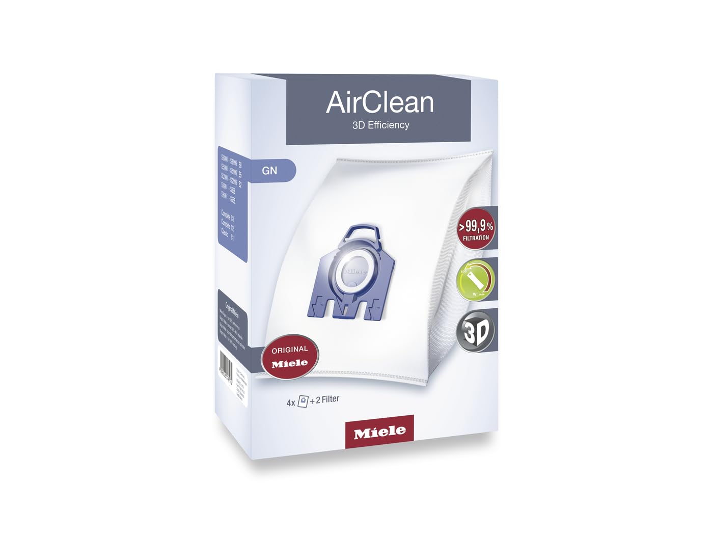 Miele 10123210 AirClean 3D Efficiency Dust Bag, Type GN, 4 Bags & 2 Filters, White