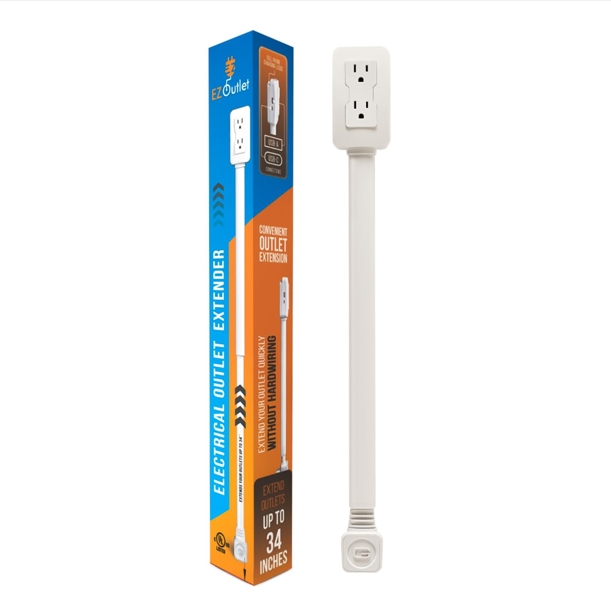 EZ Outlet Electrical Outlet Extender. Access Hard-to-Reach Outlets! Features USB-A, USB-C, and 2 AC Outlets, Extends 22"-34", Rotates 180 degrees. Use Behind Couches, Nightstands, Desks, and More.