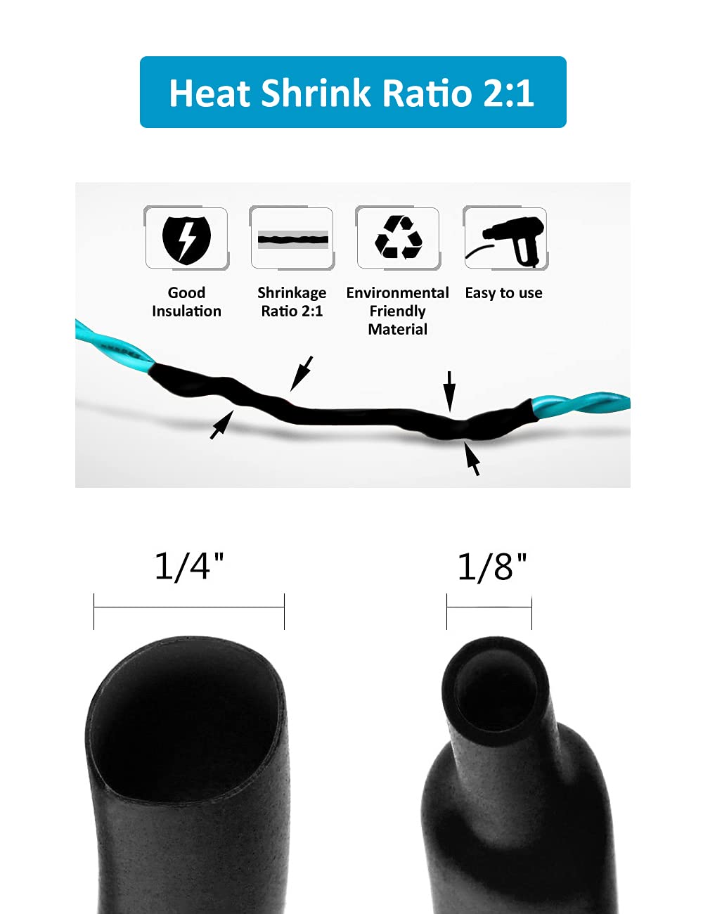 650pcs Heat Shrink Tubing Black innhom Heat Shrink Tube Wire Shrink Wrap UL Approved Ratio 2:1 Electrical Cable Wire Kit Set Long Lasting Insulation Protection, Safe and Easy, Eco-Friendly Material
