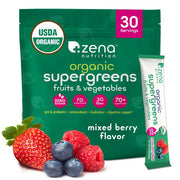 Zena Nutrition Organic Super Greens Powder, 70+ Superfoods, 0 Sugar, 3G Fiber, Spirulina, Chlorella, Antioxidants, Prebiotics/Probiotics, Digestive Enzymes, Mixed Berry, 30 Drink Mix Packets
