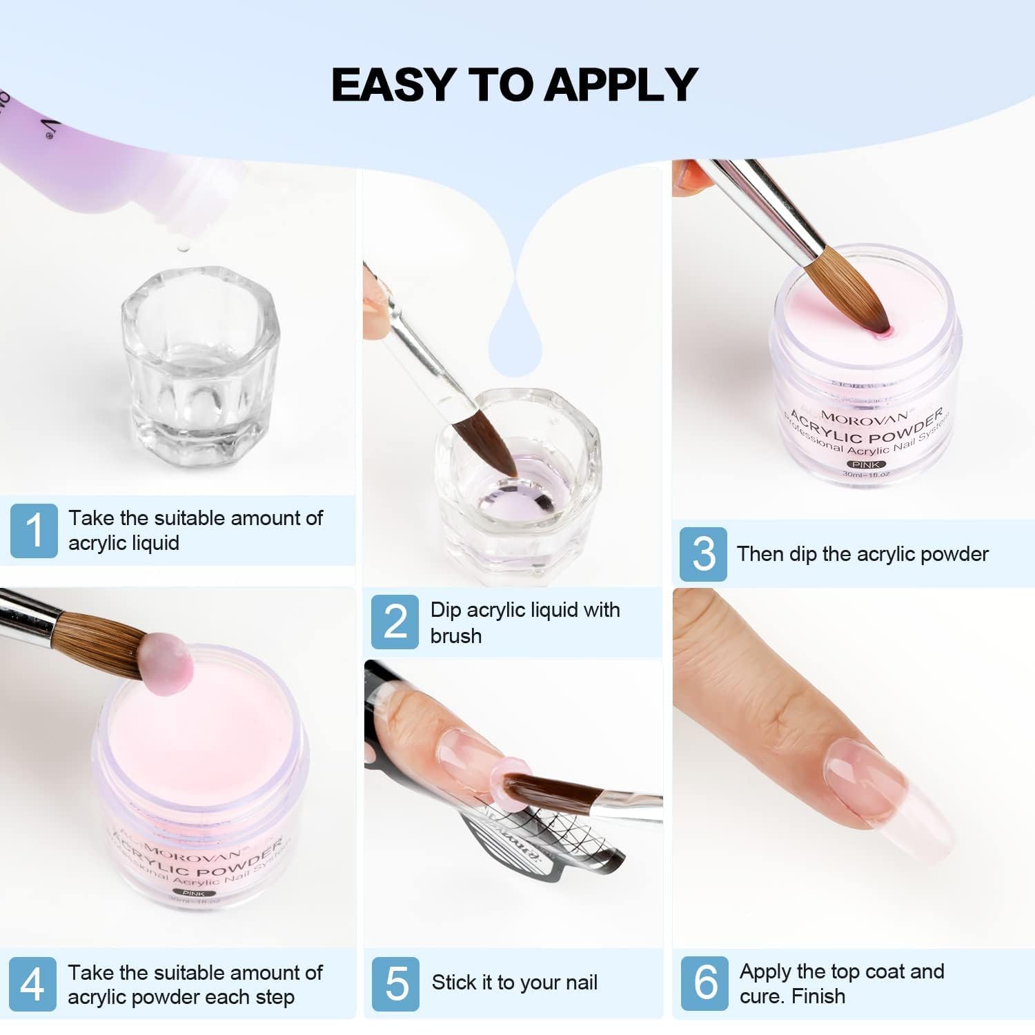 Morovan Acrylic Nail Kit: Clear Pink White Powder and Professional Liquid Set for Nail Extension - DIY at Home With Brush for Beginners