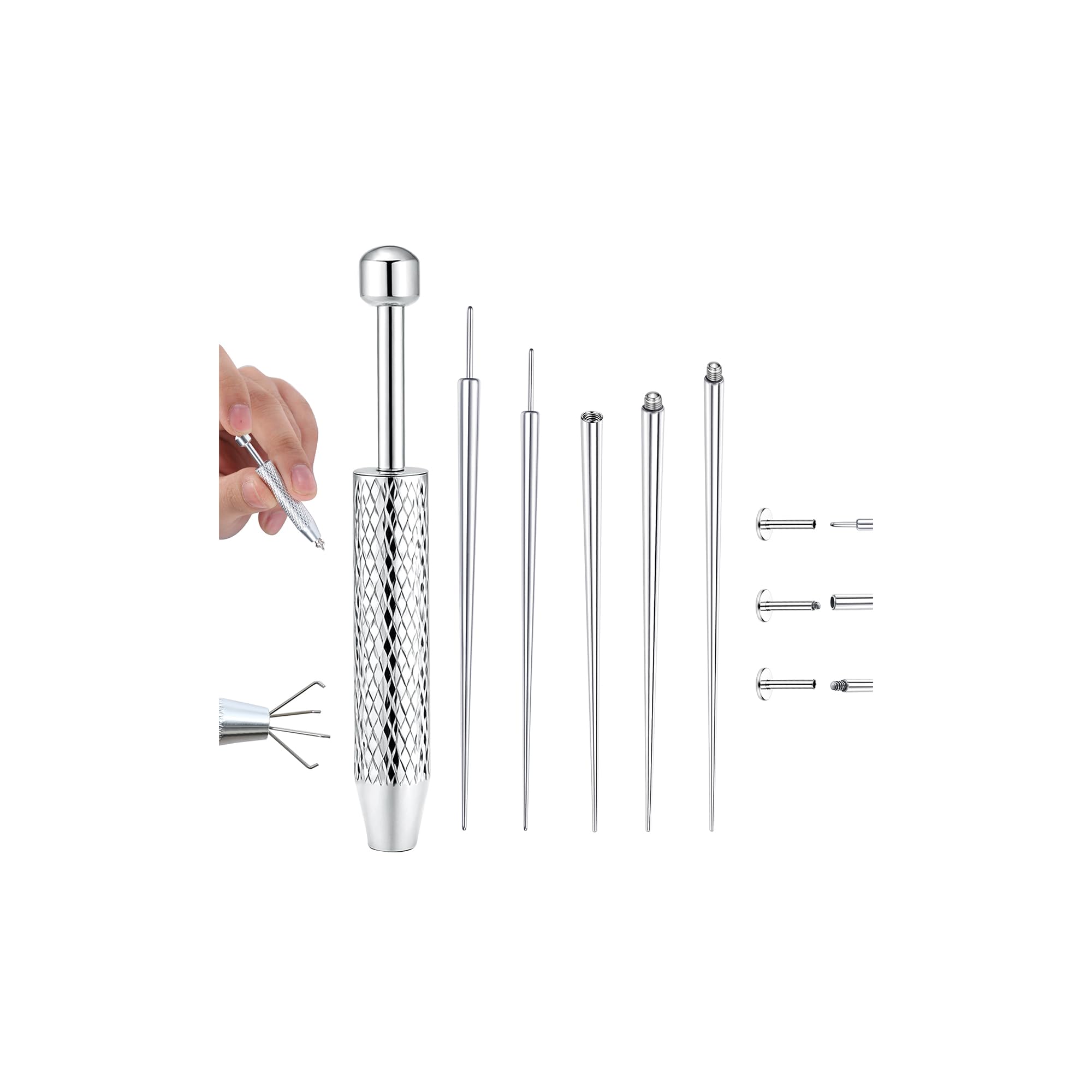 GEMQUEEN Piercing Taper Ball Grabber Changing Tool Set - Flat Back Earrings Applicator Tool 16G 18G Stainless Steel Threadless Insertion Pin Thread Assistant Tool Body Piercing Kit for Ear Nose Lip