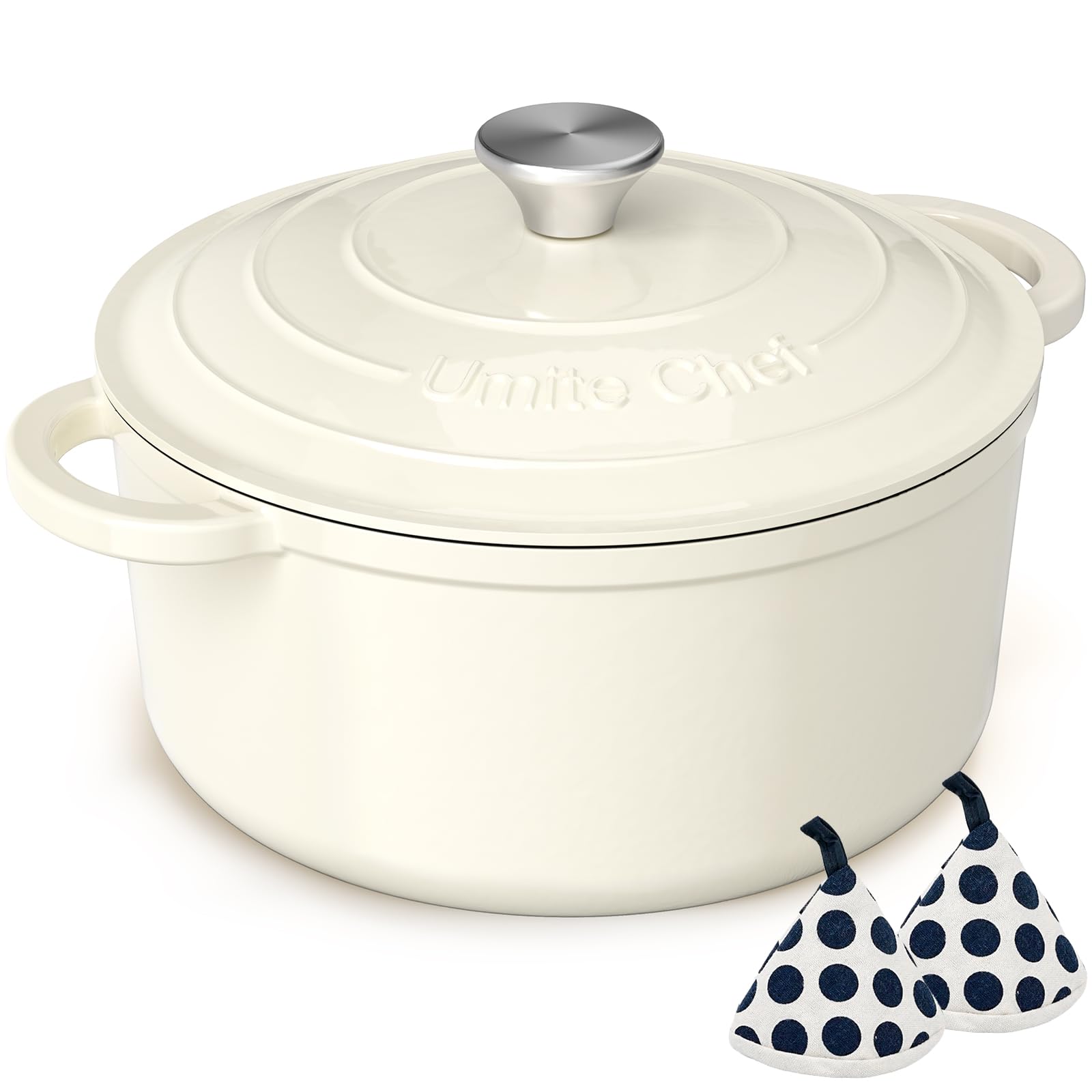 وعاء فرن هولندي من الحديد الزهر المطلي بالمينا - قدر Umite Chef بسعة 5 كوارت مع غطاء ومقابض قماشية - أواني طهي شديدة التحمل لخبز الخبز، الطهي البطيء، اليخنات، التحمير (أبيض كريمي)