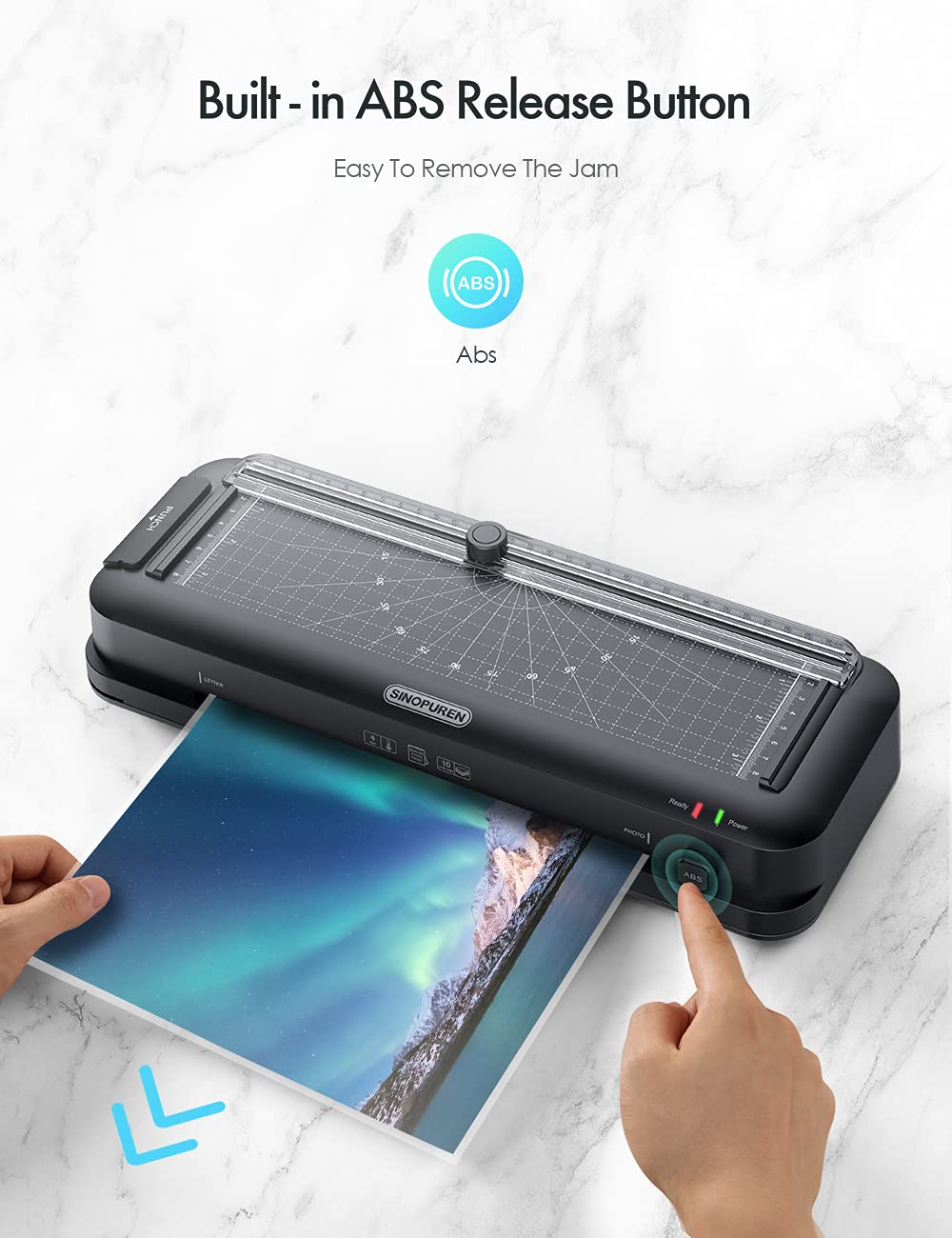 SINOPUREN 9-Inch Thermal Laminator Machine, 3-in-1 Laminator with Built-in Paper Trimmer, Hole Punch & Corner Rounder, 10 Laminating Pouches, Fast 3-Min Warm-Up, Jam-Free for Home, Office, School