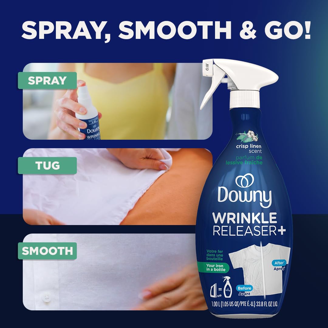 Downy Wrinkle Releaser Spray, All-in-One-Formel, entfernt Falten, statische Aufladung und Gerüche, Duftrichtung Crisp Linen, 33,8 Fl Oz, 2er-Pack (Verpackung kann variieren)