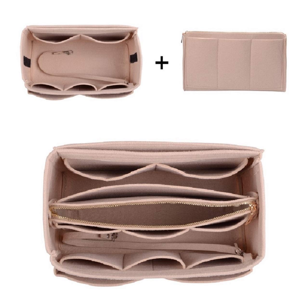 ZTUJO Purse Organizer Insert, Felt Bag Organizer with Metal Zipper, Handbag & Tote Shaper, For Speedy Neverfull Tote, 7 Sizes(Medium, Beige)