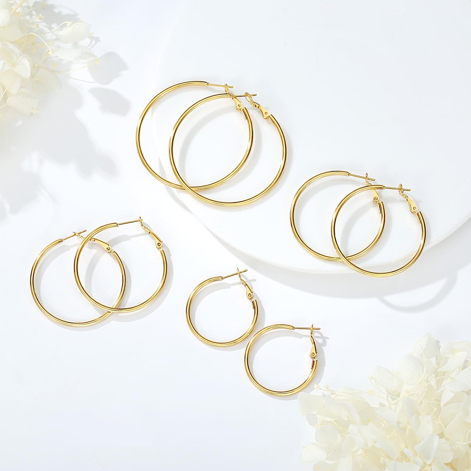 PICKBEAU Gold Large Hoop Earrings for Women | 14K Real Gold Plated Hypoallergenic Big Round Circle Hoops Women's Loop Earrings Set for Women(30/40/50/60mm)