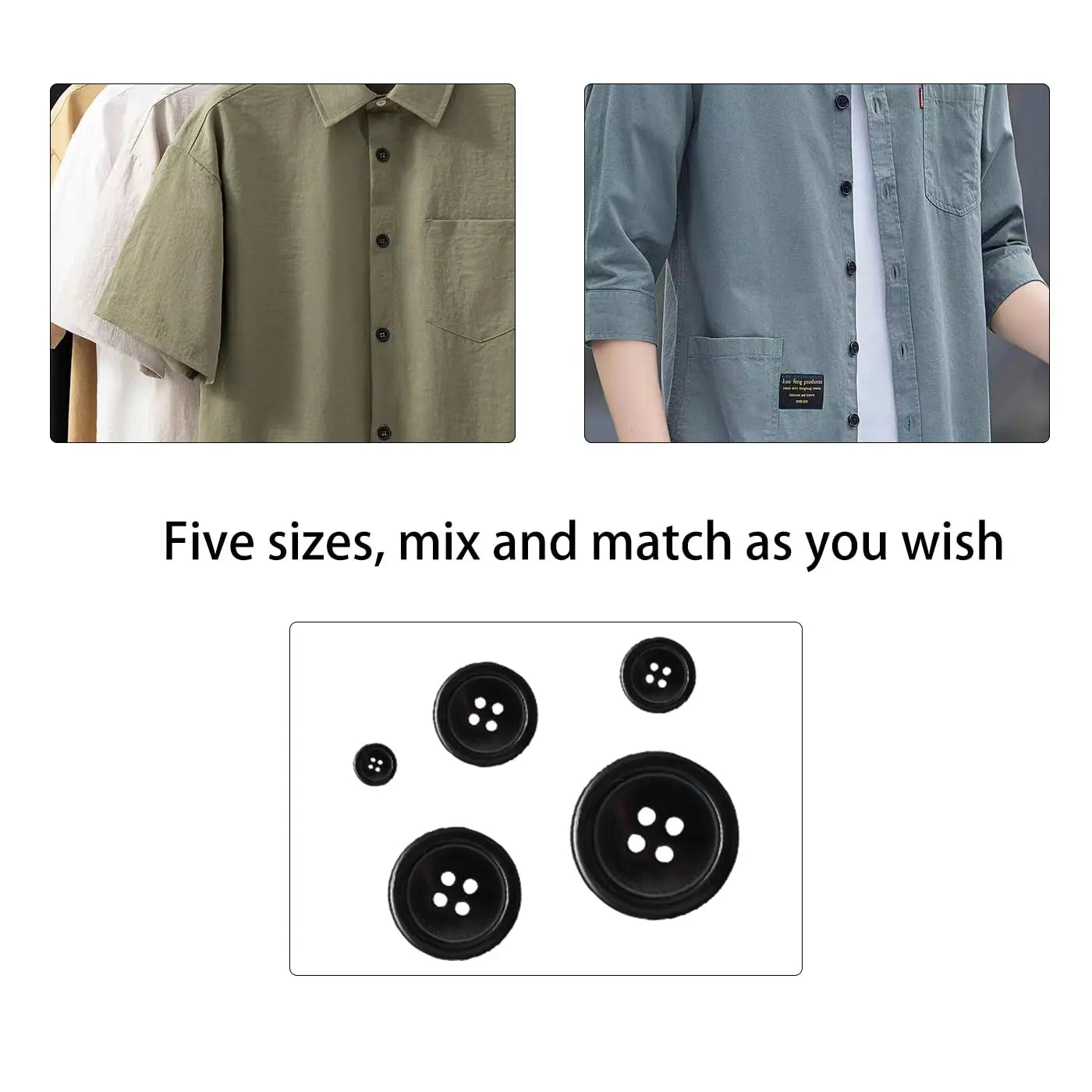 Lilaly 100 pcs Black Buttons for Crafts, 5 Sizes Mixed Round Sewing Buttons for Clothes, Suitable for for DIY Crafts, Coats, Shirts, Pants, Shorts