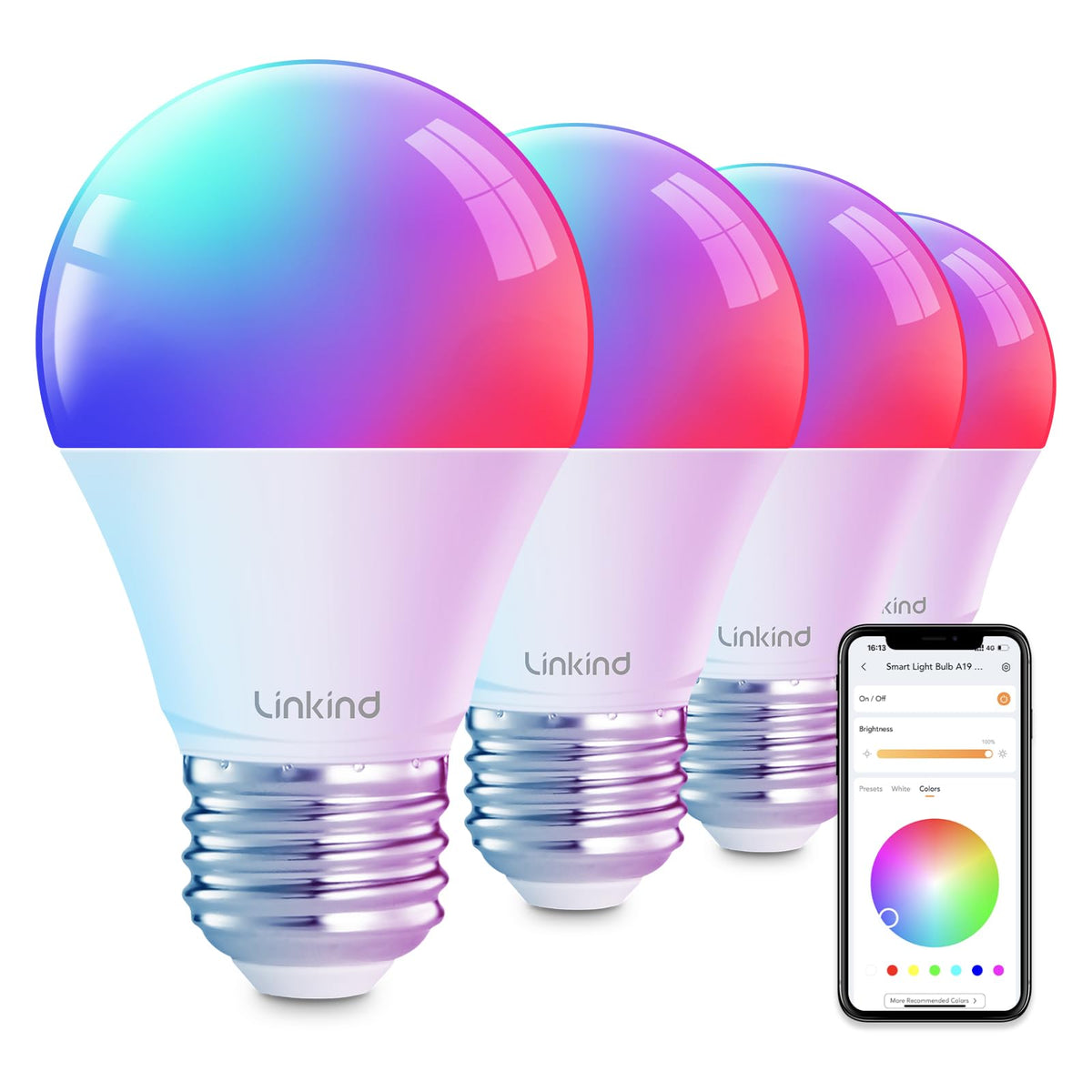 مصابيح Linkind الذكية، مصباح ذكي يعمل مع أليكسا وجوجل هوم، لمبات LED متغيرة الألوان، 104 مشهد مسبق الضبط، مزامنة موسيقية، لمبة إضاءة A19 E26 2.4GHz RGBTW WiFi بلوتوث 60 واط، 800 لومن، 4 قطع
