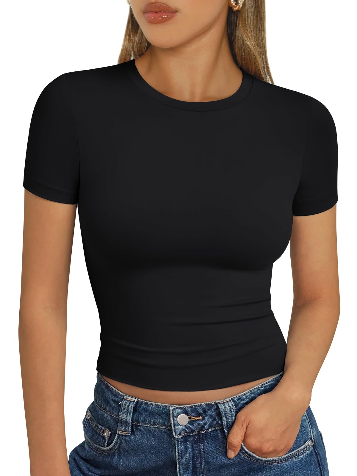 Trendy Queen Womens Basic T Shirts Summer Tops 2025 Short Sleeve Crop Tops Slim Fit Gym Workout Y2k Clothes Black S