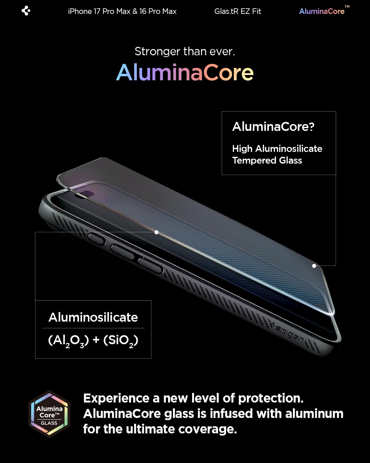 Spigen AluminaCore Tempered Glass Screen Protector [Glas.tR EZ Fit] designed for iPhone 17 Pro Max | iPhone 16 Pro Max [2 Pack] 9H+ Hardness, Aluminum-Enhanced Durability