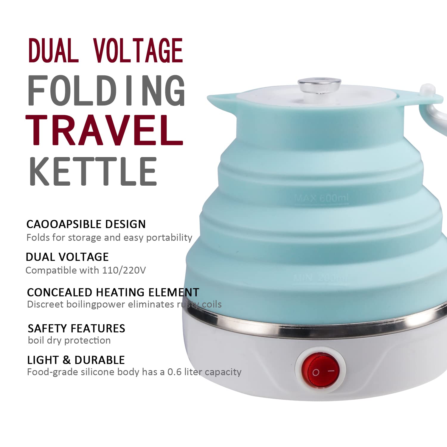 Travel Foldable Electric Kettle, Collapsible Electric Kettle Food Grade Silicone Small Pot Boiling water,Dual Voltage（600ml,110-220V US Plug） (Blue)