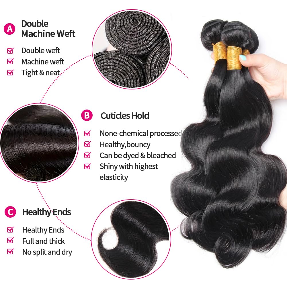 MDL 12A Body Wave Bundles Human Hair 16 18 20 Inch Human Hair Bundles 100% Unprocessed Brazilian Virgin Hair 3 Bundles weave for Black Women Natural Color