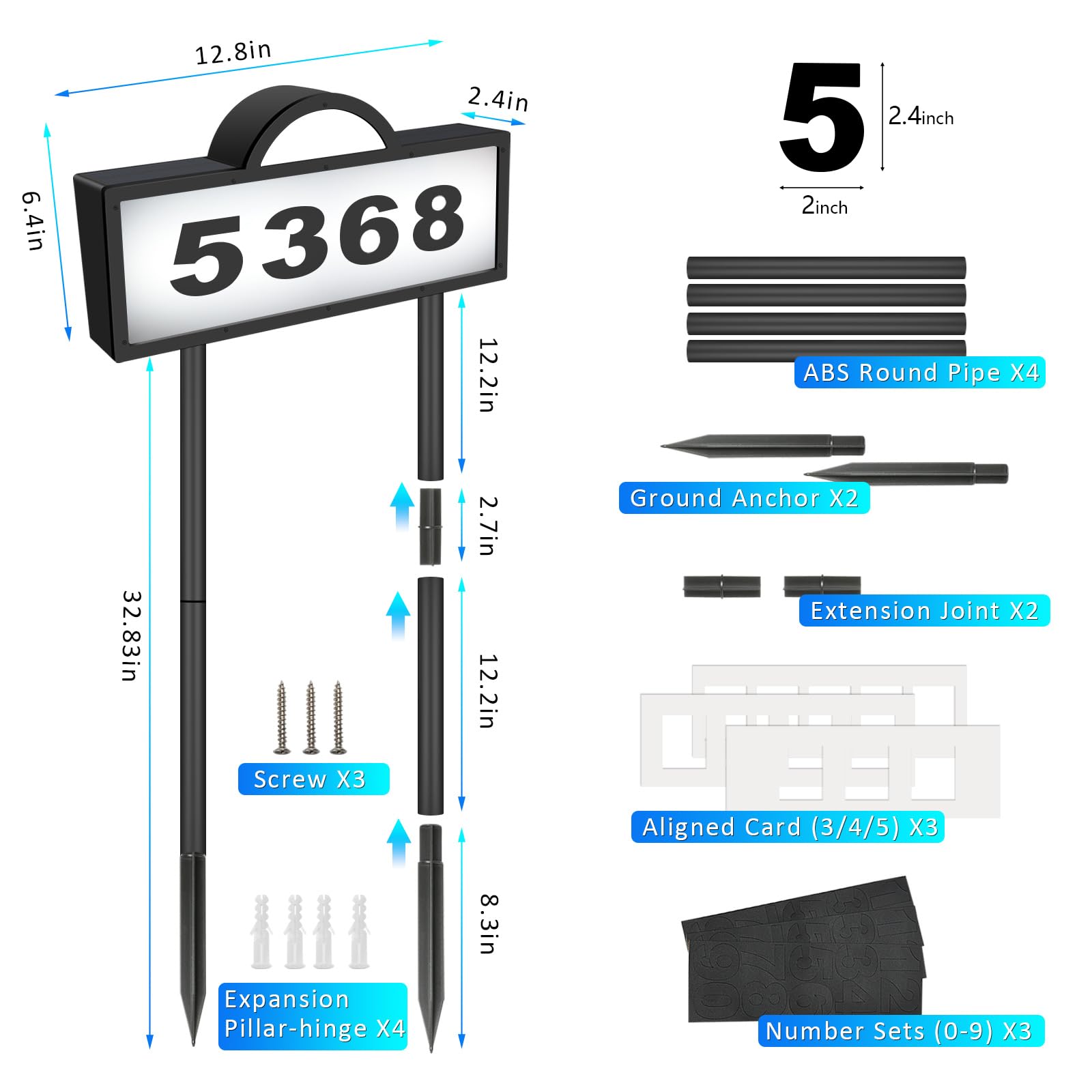 Solar Address Signs for Yard, Solar Powered Address Sign with Warm White & Cold White, IP65 Waterproof Solar House Numbers for Outside, LED Illuminated Plaques Wall Mounted & In Ground
