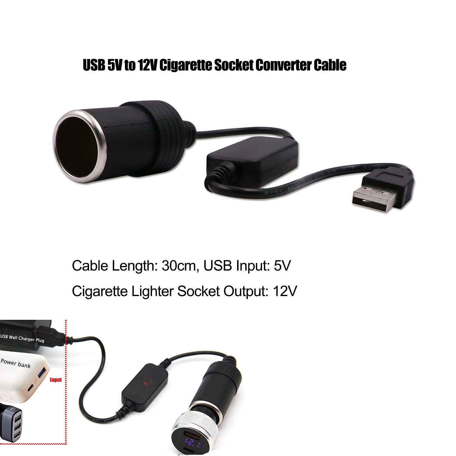 WYMECT USB A Male to 12V Car Cigarette Lighter Socket Female Converter Cable (8W Max)