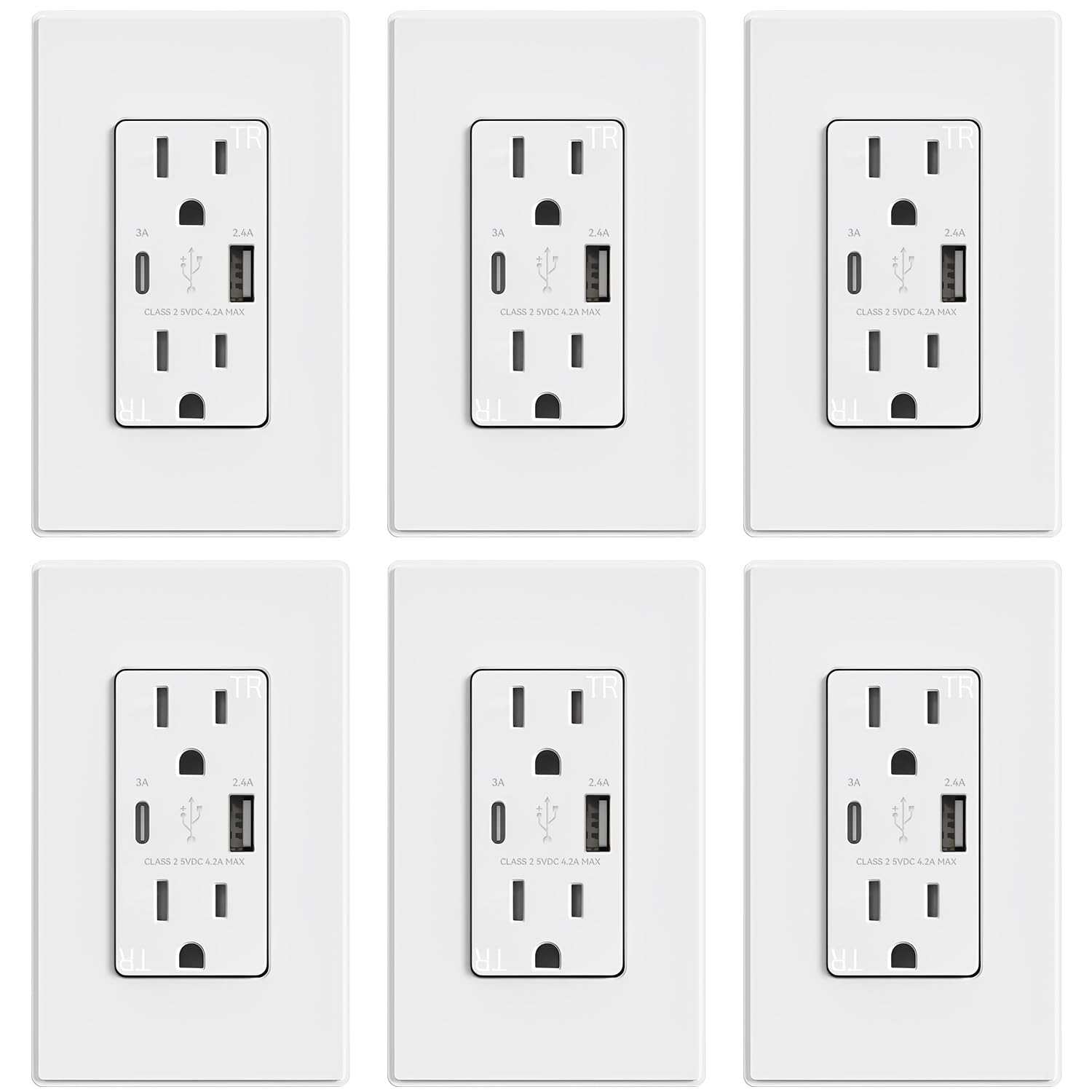 مآخذ USB من ELEGRP، منفذ حائط 15 أمبير مع منافذ USB، مآخذ توصيل USB بقدرة 21 واط مع منفذي Type A و Type C، منفذ توصيل مقاوم للعبث، لوحة حائط متضمنة، مدرجة في قائمة UL (عبوة من 6، أبيض مطفي)