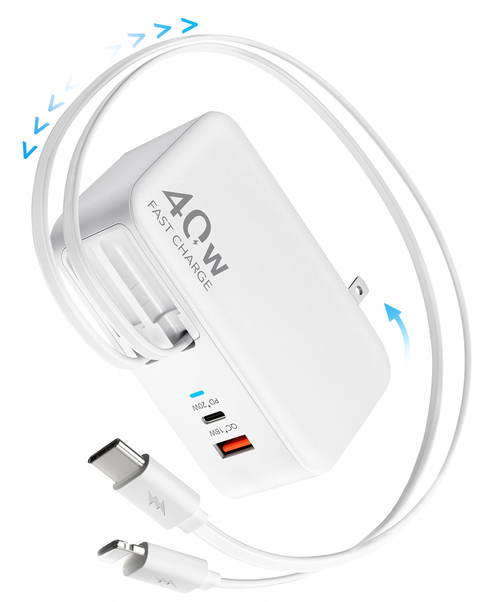 4-in-1 einziehbarer Gan Wandladestecker für iPhone 17 USB C, Reiseutensilien Multiport, 0,9 m Lightning- + Typ-C-Kabel, 40 W Schnelllade-Faltblock für iPhone 17 Pro/16/15/14/13, iPad, Galaxy