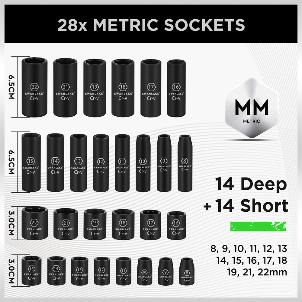 SWANLAKE GARDEN TOOLS 3/8'' Drive Impact Socket Set, 50-Piece Standard SAE (5/16 to 3/4 inch) and Metric (8-22mm) Size, 6 Point, Cr-V, 3/8-Inch Ratchet Handle, Extension Bar, Universal Joint