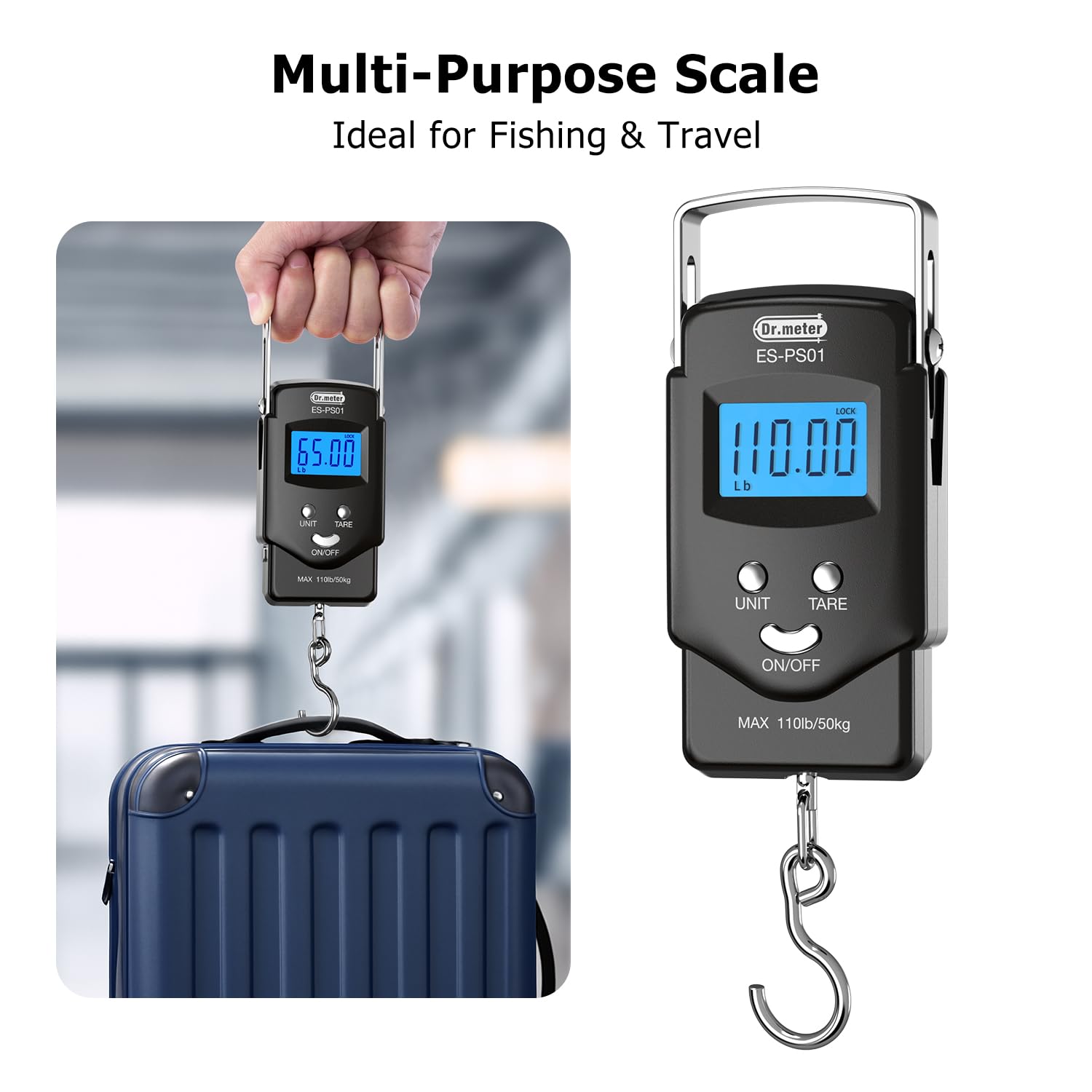 Dr.meter Fish Scale Luggage Scale Fishing Gear - 110lb/50kg Backlit LCD Display Digital Scale with Built-in Measuring Tape - Fishing Scale with 2 AAA Batteries, Pocket Size - Fishing Gifts for Men