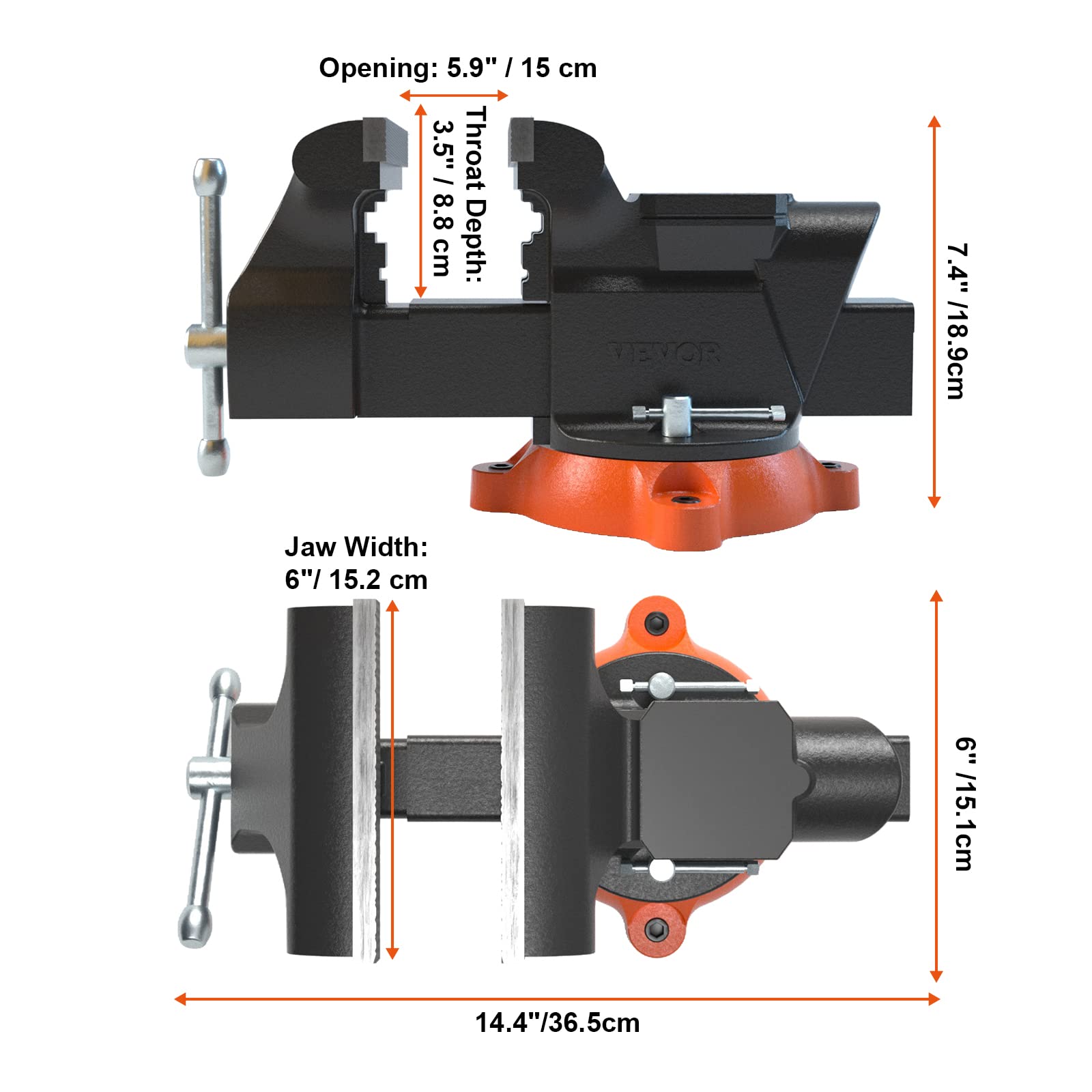 VEVOR Bench Vise, 6-inch Jaw Width 5.9-inch Jaw Opening, 360-Degree Swivel Locking Base Multipurpose Vise w/Anvil, Heavy Duty Ductile Iron Workbench Vise w/Bolts & Nuts, for Drilling, Pipe Cutting