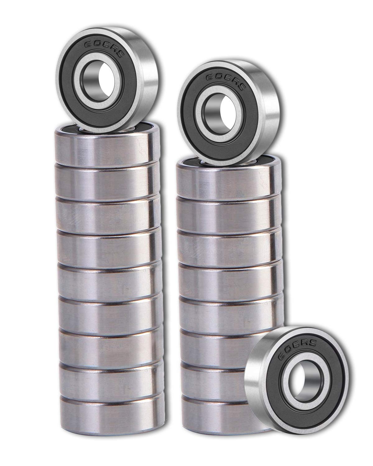 SHKI 20 Pcs 608 2RS Ball Bearings - Bearing Steel and Double Rubber Sealed Miniature Deep Groove Ball Bearings (8mm x 22mm x 7mm) (608 2RS)