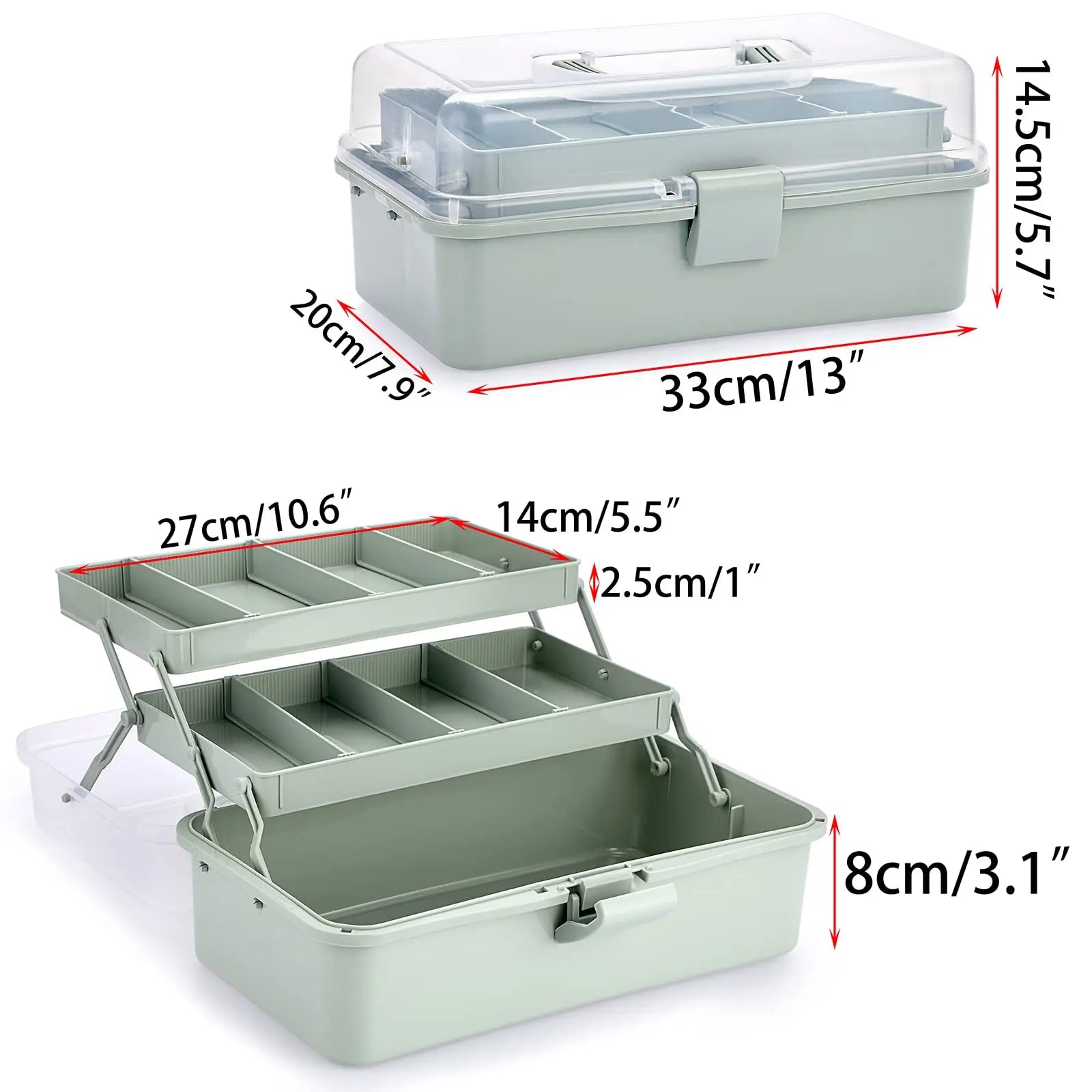 BTSKY 3-Layer Plastic Dividing Storage Craft Organizer with Adjustable Spacers and Portable Handled Multipurpose Home Utility Box for Medicine, Sewing and Art Supply
