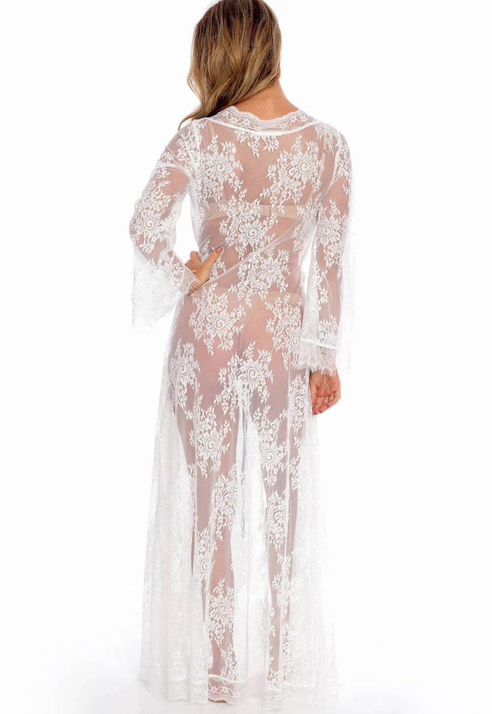 BUTTZO Women Sexy Long Lace Dress Sheer Gown See Through Lingerie Kimono Robe (White, One Size)