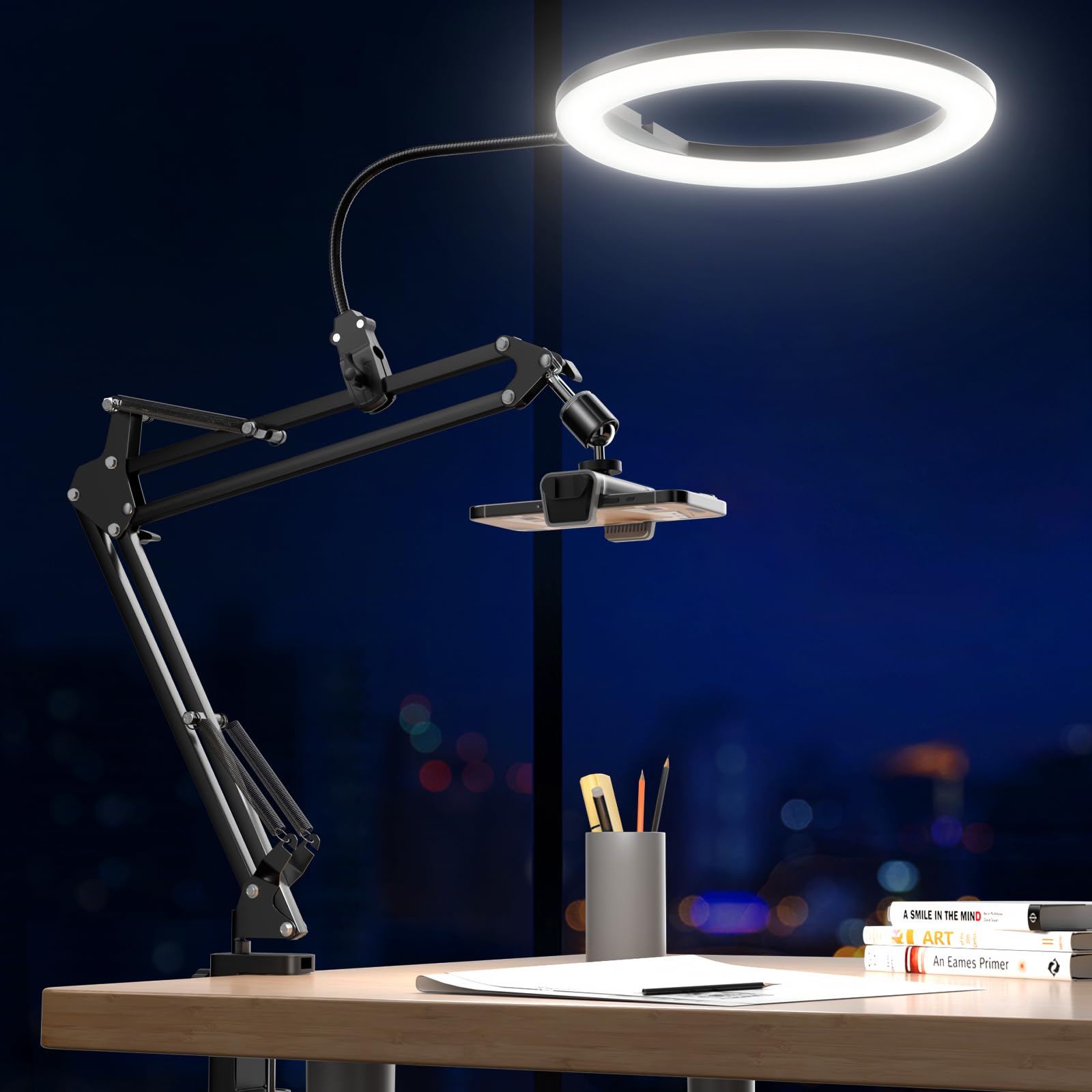 UBeesize 10 بوصة حلقة ضوئية مع حامل هاتف علوي، ضوء سيلفي LED مع حامل وحامل هاتف، ضوء مكتبي للآيفون، حامل ثلاثي القوائم مكتبي لتسجيل الفيديو، يوتيوب، تيك توك، بث مباشر، طهي، مدونات فيديو
