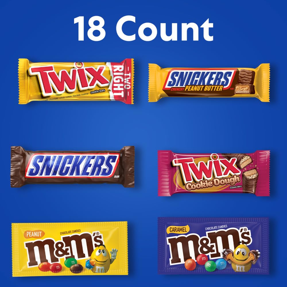 Mars M&M'S Peanut, M&M'S Caramel, SNICKERS Original, SNICKERS Peanut Butter Squared, TWIX Original and TWIX Cookie Dough Variety Pack Full Size Individually Wrapped Milk Chocolate Candy Bars, 18 Ct