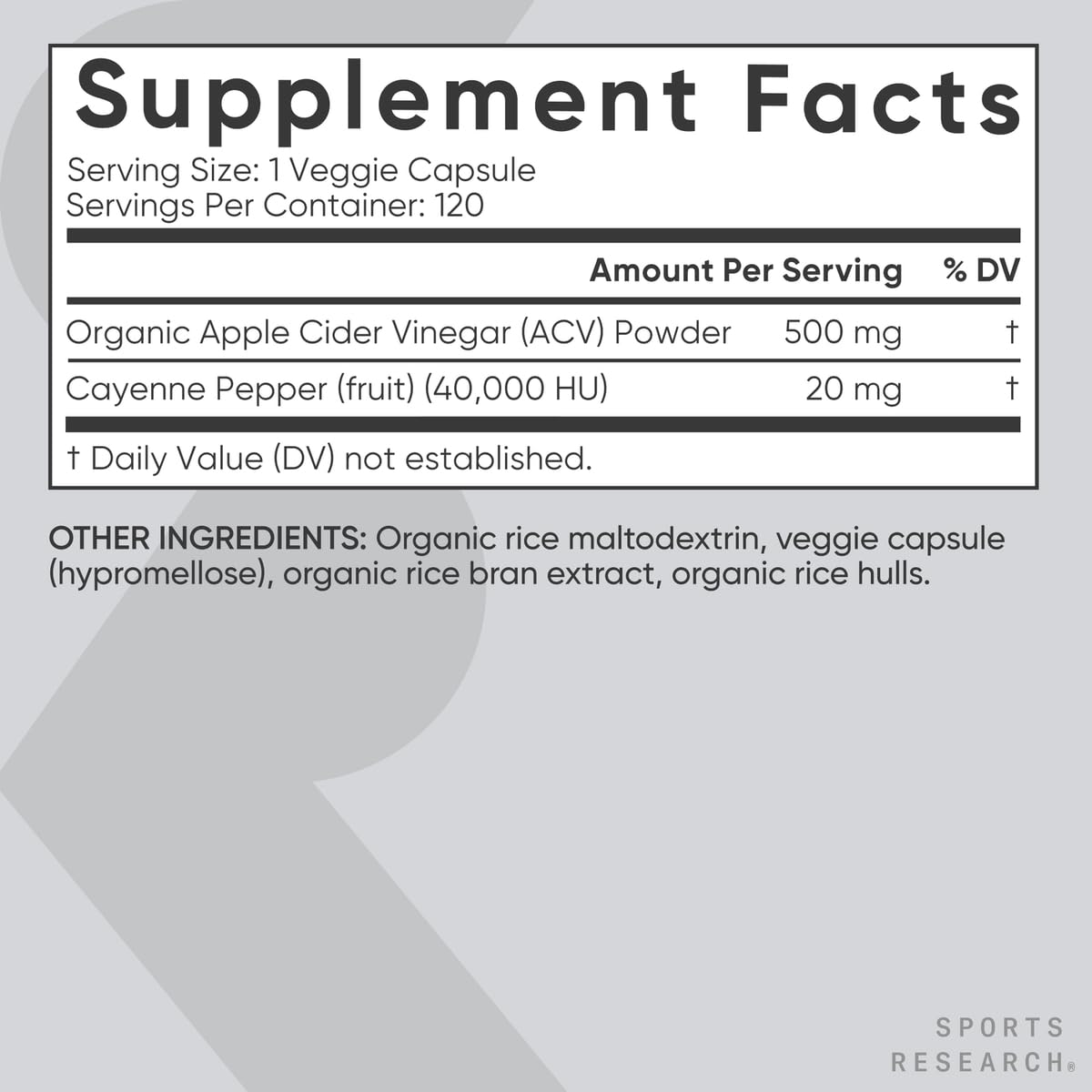 Sports Research Apple Cider Vinegar with Cayenne Pepper | Made from Organic Fermented Apple Cider - Non-GMO Project Verified & Vegan Certified (120 Veggie Capsules)