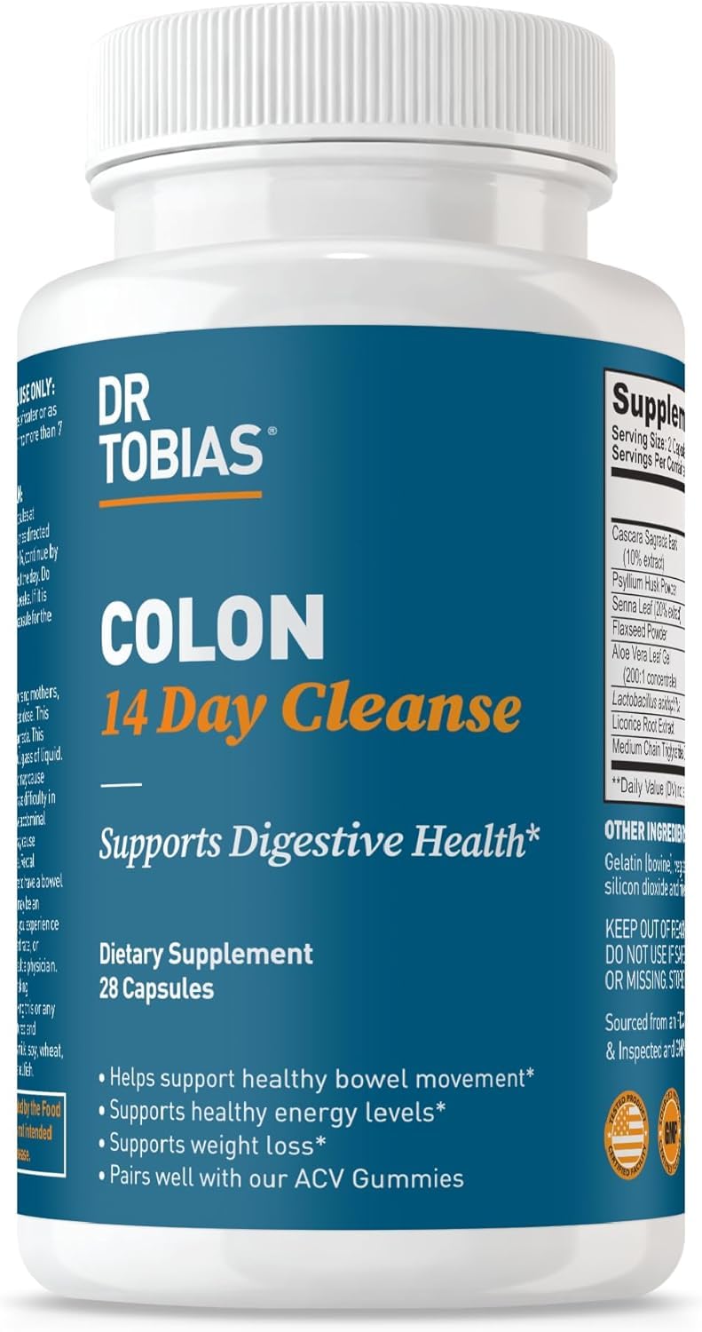 Dr. Tobias Colon 14 Day Cleanse، منظف أمعاء متقدم للرجال والنساء مع كاسكارا ساغرادا، قشور السيليوم، أوراق السنا والبروبيوتيك، منظف قولون غير معدّل وراثيًا، 28 كبسولة 1-2 يوميًا