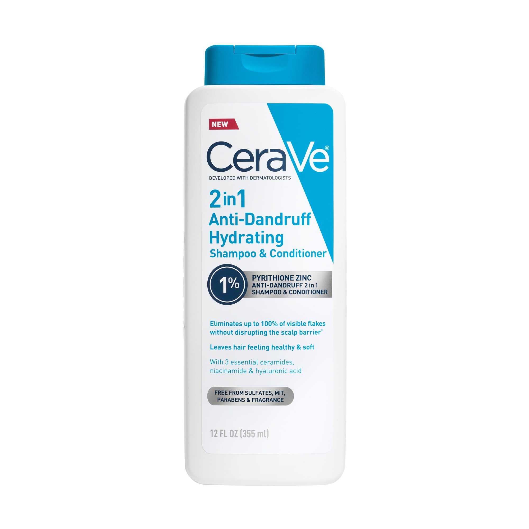 CeraVe 2-in-1 Feuchtigkeitsspendendes Anti-Schuppen Shampoo und Spülung, 1% Pyrithion-Zink Schuppenbehandlung, farbsicheres und sulfatfreies Shampoo und Spülung, hilft Schuppen zu beseitigen und juckende Kopfhaut zu lindern