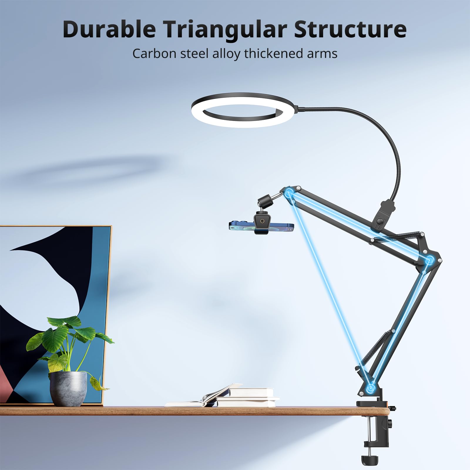 UBeesize 10" Ring Light with Overhead Phone Mount, LED Selfie Light with Stand and Phone Holder, Desk Light for iPhone, Desk Tripod for Video Recording, YouTube, TikTok, Live Stream, Cooking, Vlog