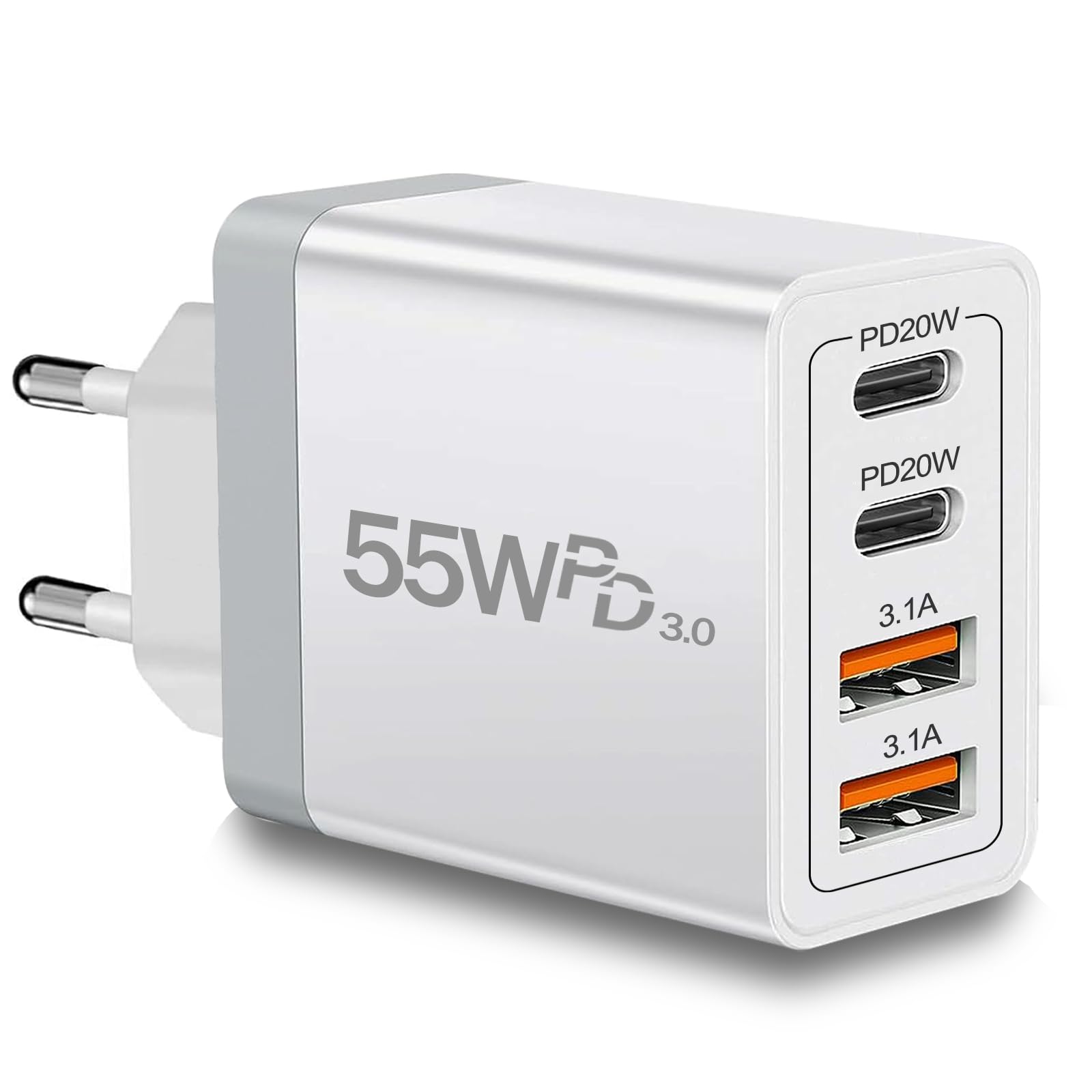 Europäischer Reiseadapter USB C, 55W USB C Europäisches Ladegerät 4-Port Schnellladegerät Typ C Wandladegerät USA zu Europa Steckeradapter für iPhone 16 15 14 13 12 11 Pro Max XS X 8, Galaxy, Android