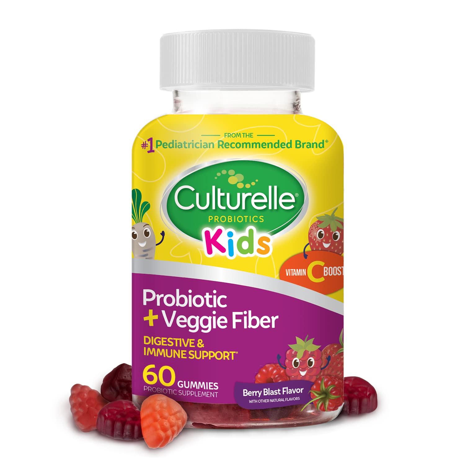 Culturelle® ألياف بريبيوتيك صمغية يومية للأطفال لدعم صحة الجهاز الهضمي والمناعة - بنكهة التوت والفيتامين سي - 60 قطعة للأعمار من 3 سنوات فما فوق