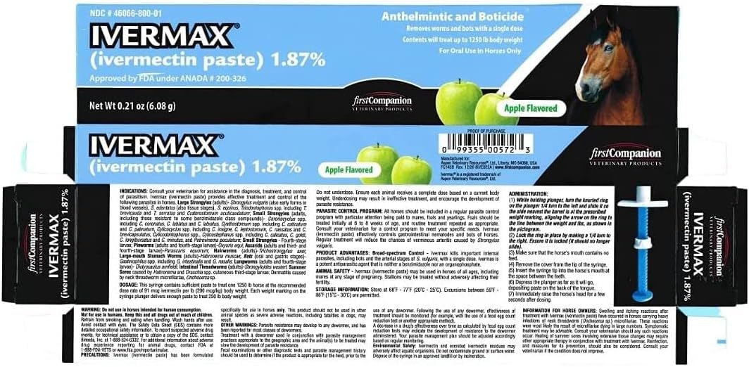 First Companion Ivermax (Ivermectin) Equine Paste 6.08 Gram 1 Pack, Blue
