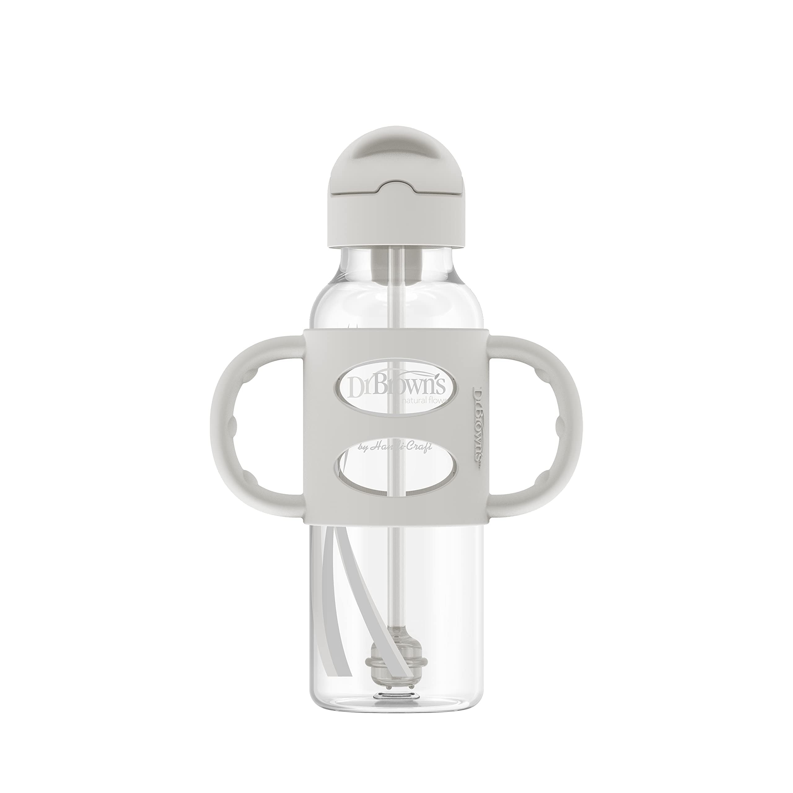 Dr. Brown's Milestones Narrow Sippy Straw Bottle, Spill-Proof with 100% Silicone Handles and Weighted Straw, 8 oz/250 mL, Gray & Blue, 6m+