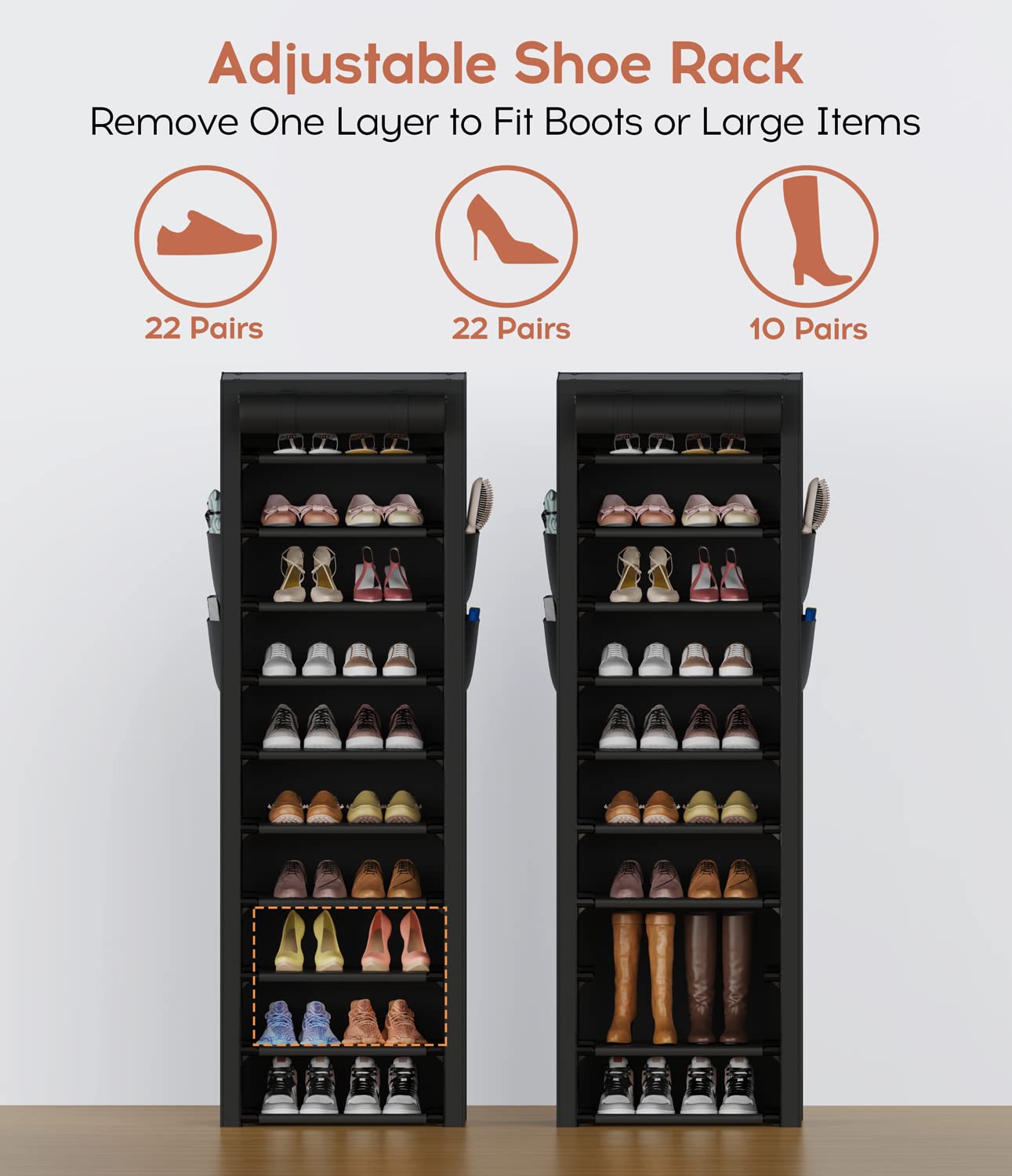 VTRIN Vertical Narrow Shoe Rack Organizer Tall Shoe Rack for Closet Entryway 10 Tier Non-Woven Cover Shoe Shelf Holds 20-22 Pairs Free Standing Shoe Storage Cabinet with Dustproof Cover, Black