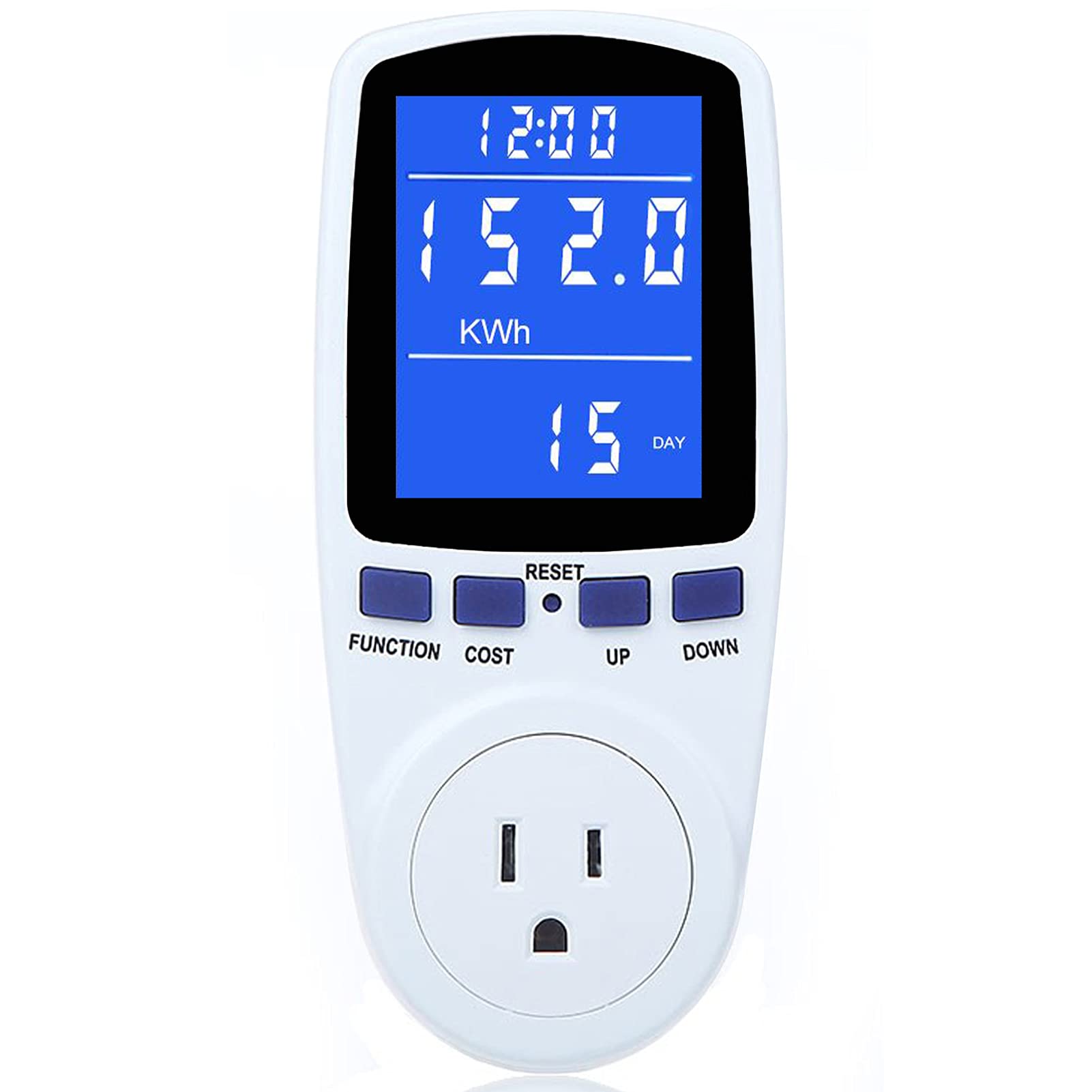Verbesserter Watt-Leistungsmesser, Stecker für den Stromverbrauch zu Hause, Energie-Spannungs-Ampere-Messgerät mit Hintergrundbeleuchtung, Überlastschutz, 7 Anzeigemodi