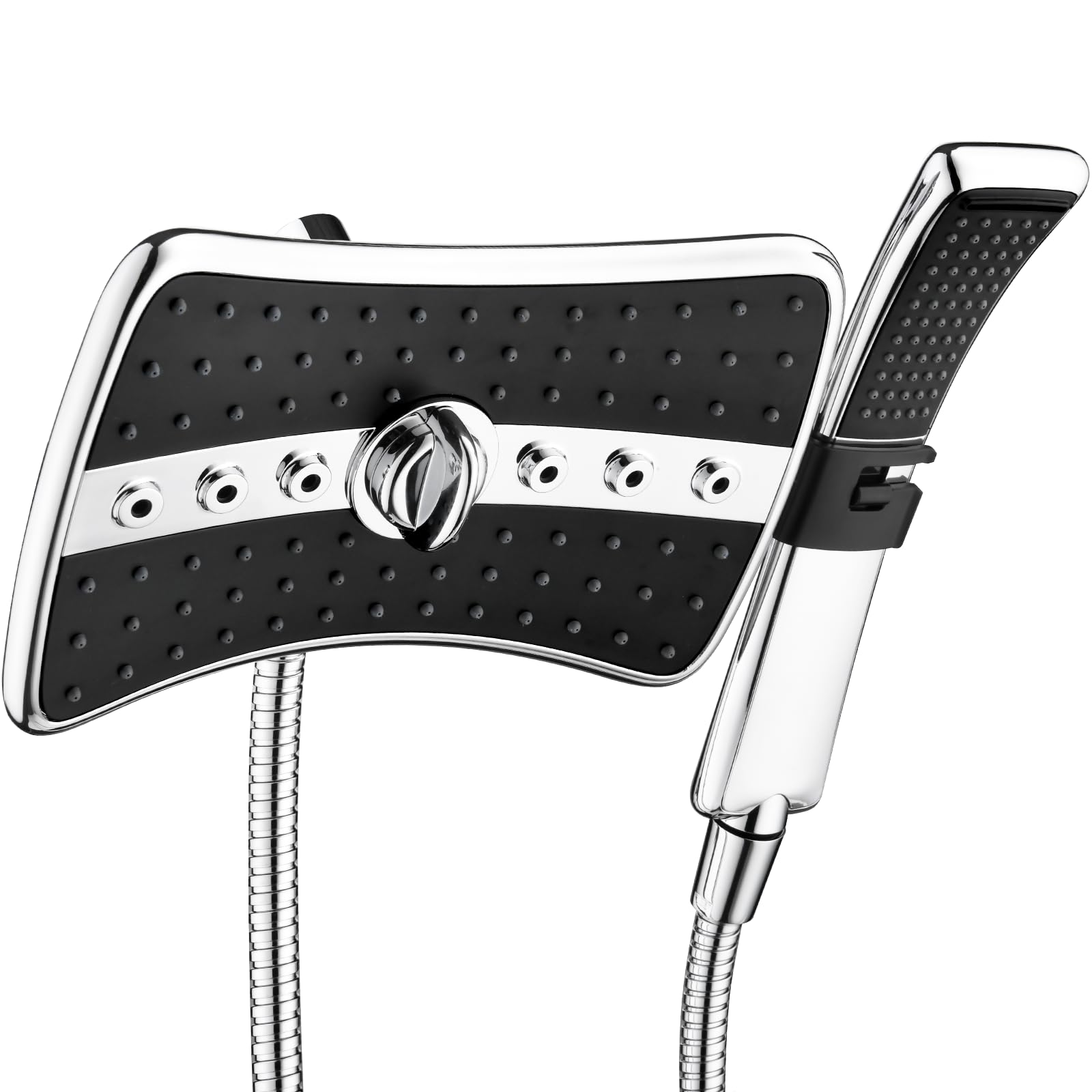 BRIGHT SHOWERS High Pressure Dual Shower Head Combo, Handheld Showerhead Rainfall Shower Head Combo with Black Face, 60 Inch Long Stainless Steel Shower Hose, Chrome
