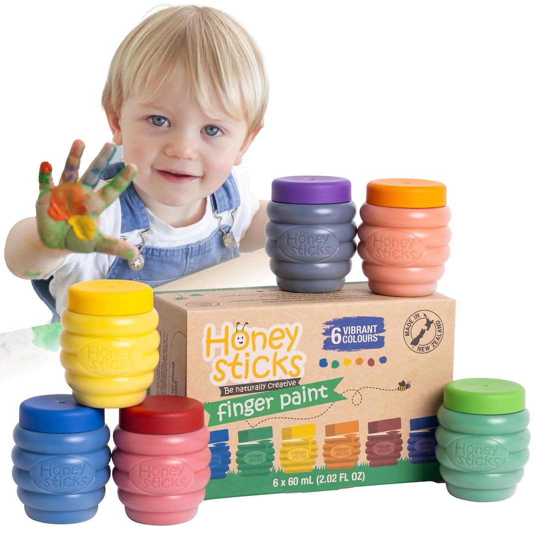 Honeysticks Ungiftige Fingerfarbe (6 leuchtende Farben), abwaschbar von der Haut, sichere Fingerfarbe für Kleinkinder, Kinder im Alter von 1-3, 2-4, 3-5 Jahren, perfekte erste Farbe für kleine Künstler ab 1 Jahr, auf Wasserbasis, Öko