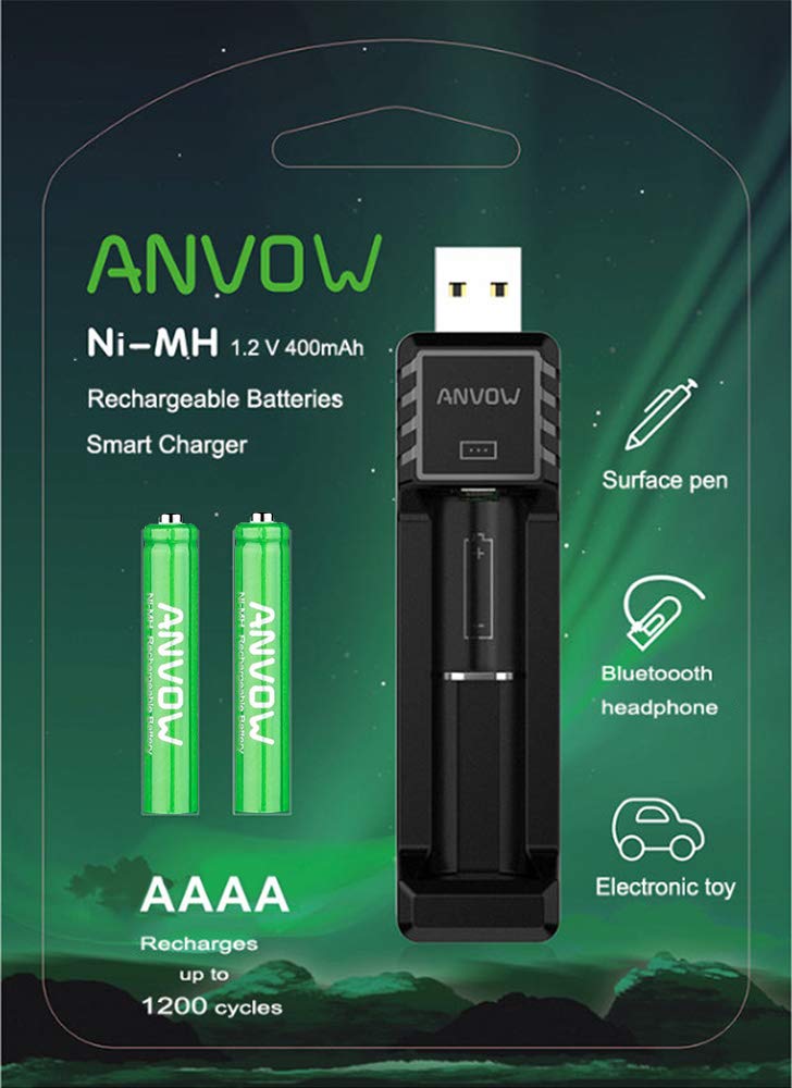 ANVOW Smart AAAA Battery Charger with 2 Counts Rechargeable AAAA Batteries - Ni-MH 1.2V 400mAh 1200 Cycles Surface Pen Active Stylus Rechargables Battery