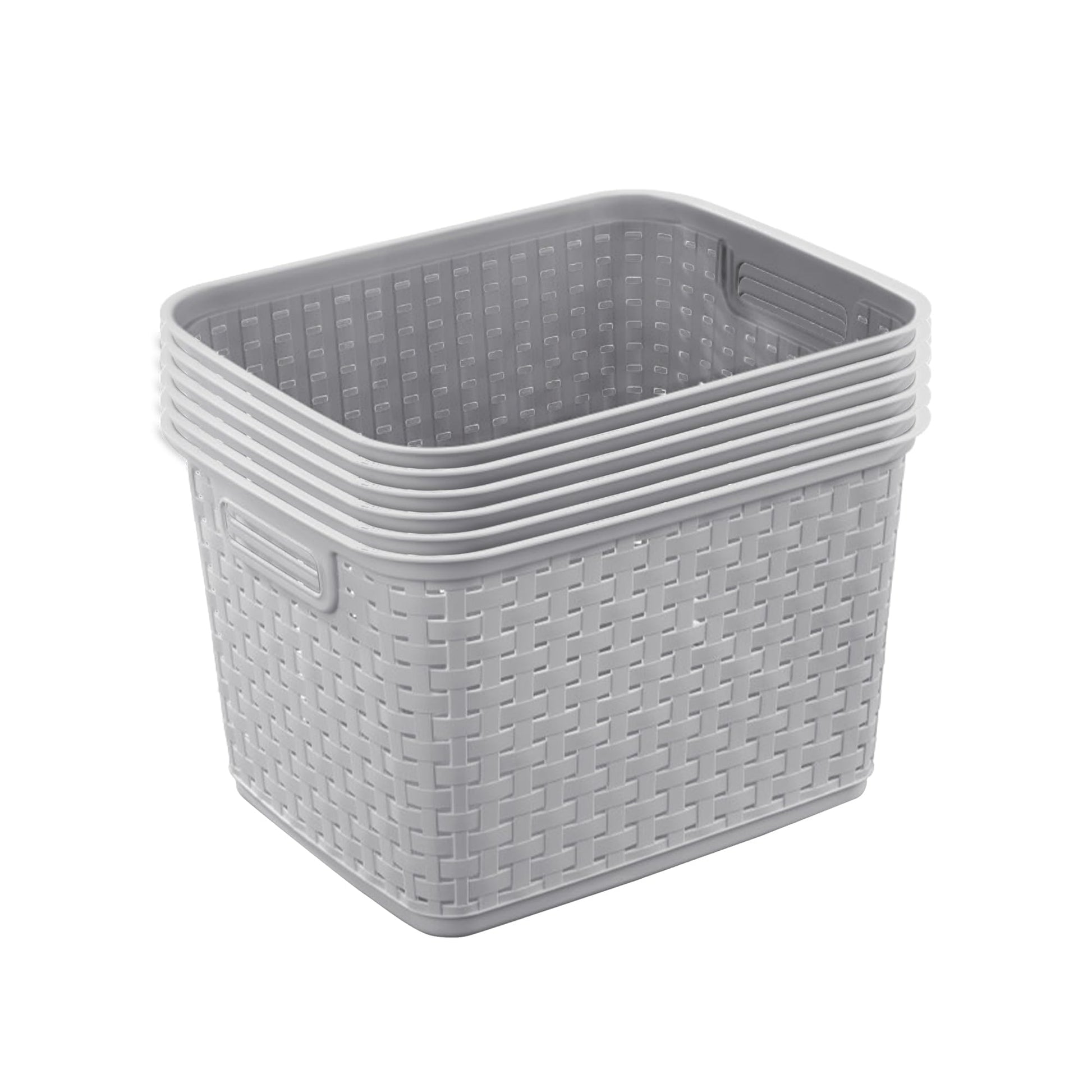 Sterilite 6-Pack Tall Weave Basket, Wicker-Style Plastic Open Storage Bin, Cement Gray - Multi-Purpose Decorative Organizer for Laundry Area, Shelves, Closets, Pantries, Living Rooms or Offices