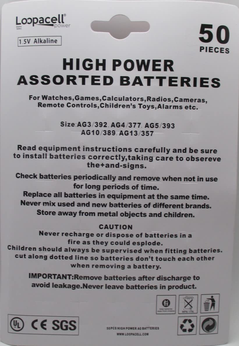 Loopacell High Power Super Alkaline Button Cell Assorted 1.5V Battery AG3/LR41 AG4/LR626 AG5/LR754 AG10/LR1130 AG13/LR44,50 Count (Pack of 1)
