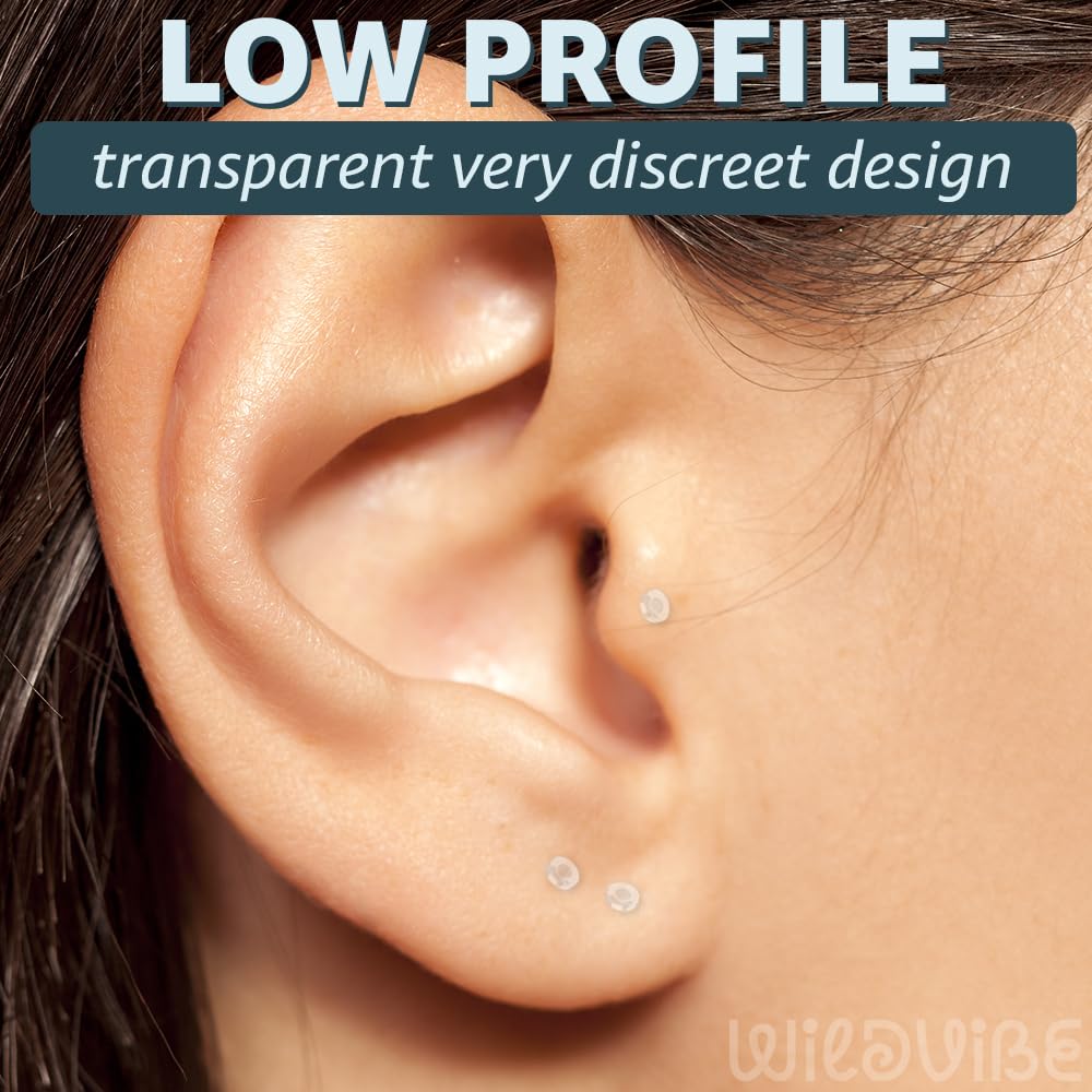 WildVibe 16g Bioflex Labret Clear Piercing Retainers - 10pc Set - Plastic Piercings Stud Earrings for Sports, Work, Surgery - Helix, Tragus, Lip, Medusa, Monroe (6mm, 8mm)