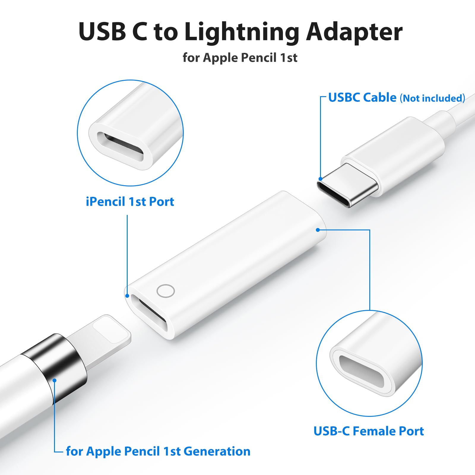 Pencil Charger Adapter for Apple Pencil 1st Generation, USB C to for Lightning Adaptor Charging Dongle Connector Accessories Bluetooth Pairing for iPad 10th Gen/A16, USB-C to iPencil 1st Gen Adapter