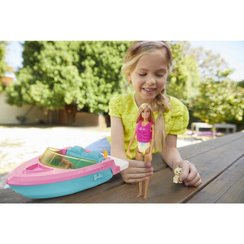 Barbie Doll & Toy Boat Playset with Pet Puppy, Life Vest & Beverage Accessories, Fits 3 Dolls & Floats in Water