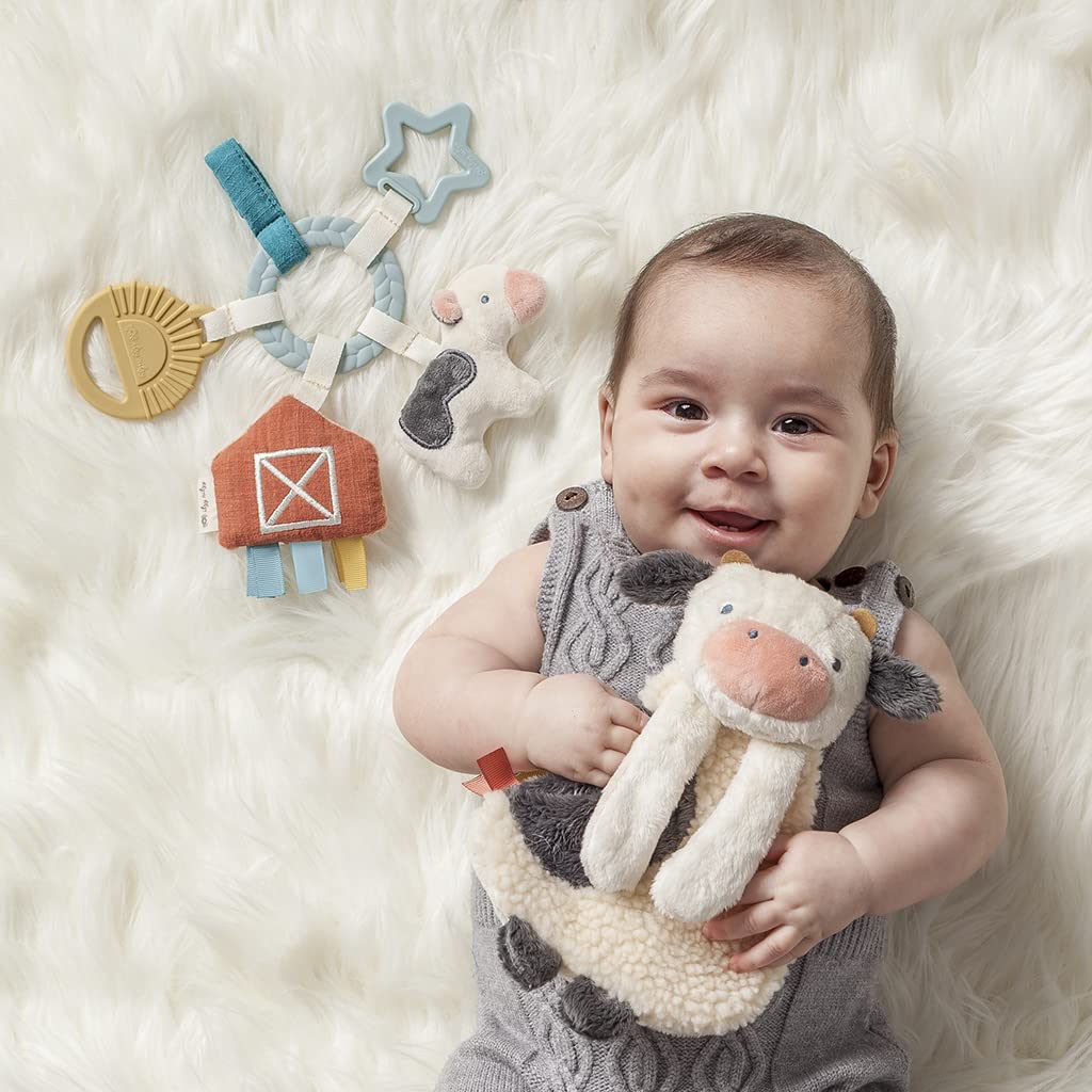 Itzy Ritzy Farm Toy Gift Set - Includes Cow Lovey & Farm-Themed Busy Ring Car Seat and Stroller Toy - Features Crinkle Sounds, Engaging Textures & Silicone Teething Relief (Farm)